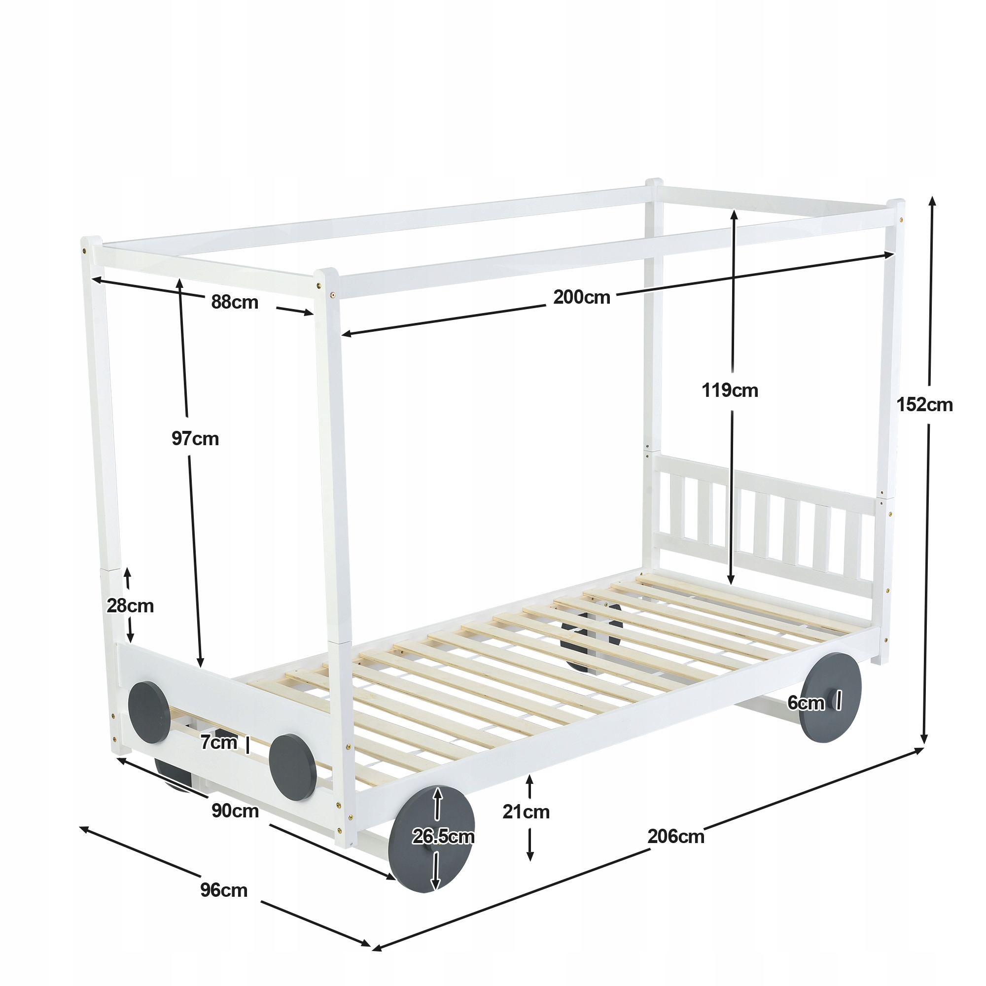 Łóżko drewniane łóżko samochodowe 90x200 Biały Kolor brązowy