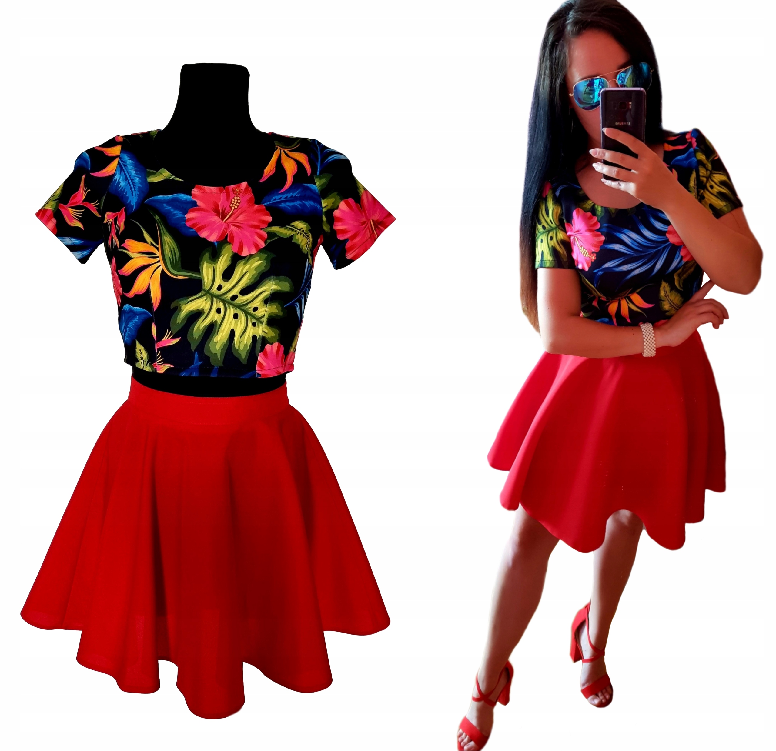 KOMPLET ZESTAW Bluzka TOP + SPÓDNICZKA mini Rozkloszowana z KOŁA XS