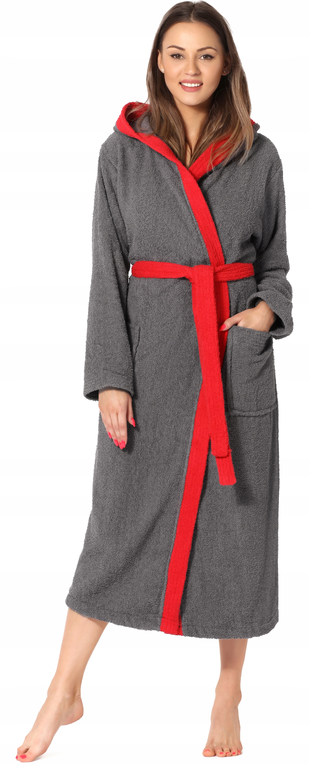 Dámský župan Froté kapuce dámský teplý župan LA-191 Šedá/Červená M