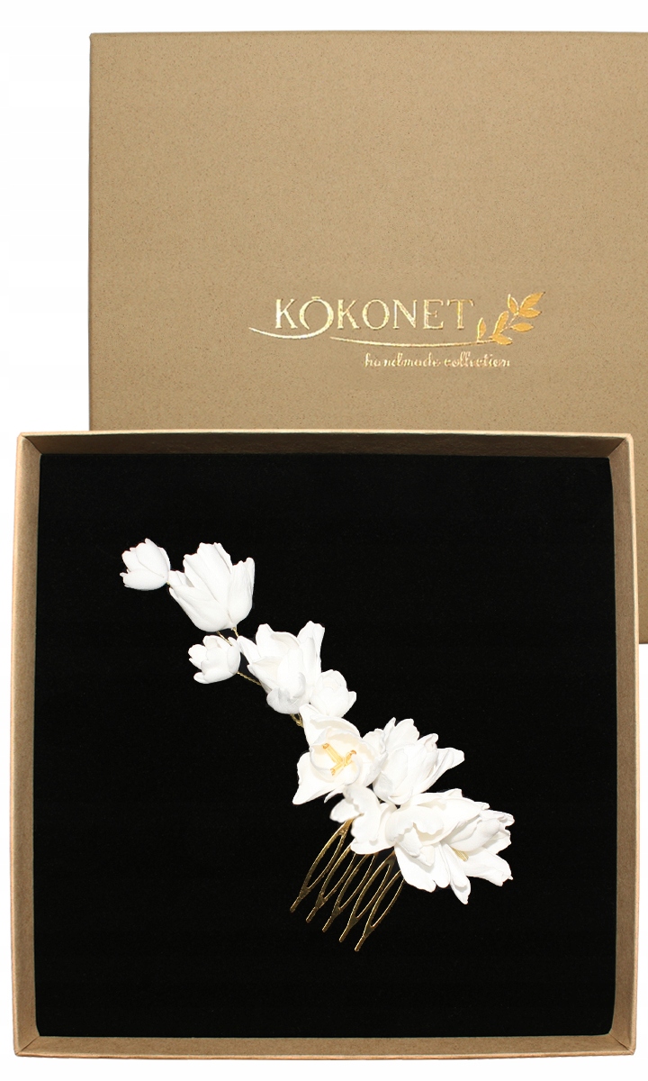 Zlatý hřeben s květinami, svatební sponka do vlasů Bílá, stylová, vyrobená