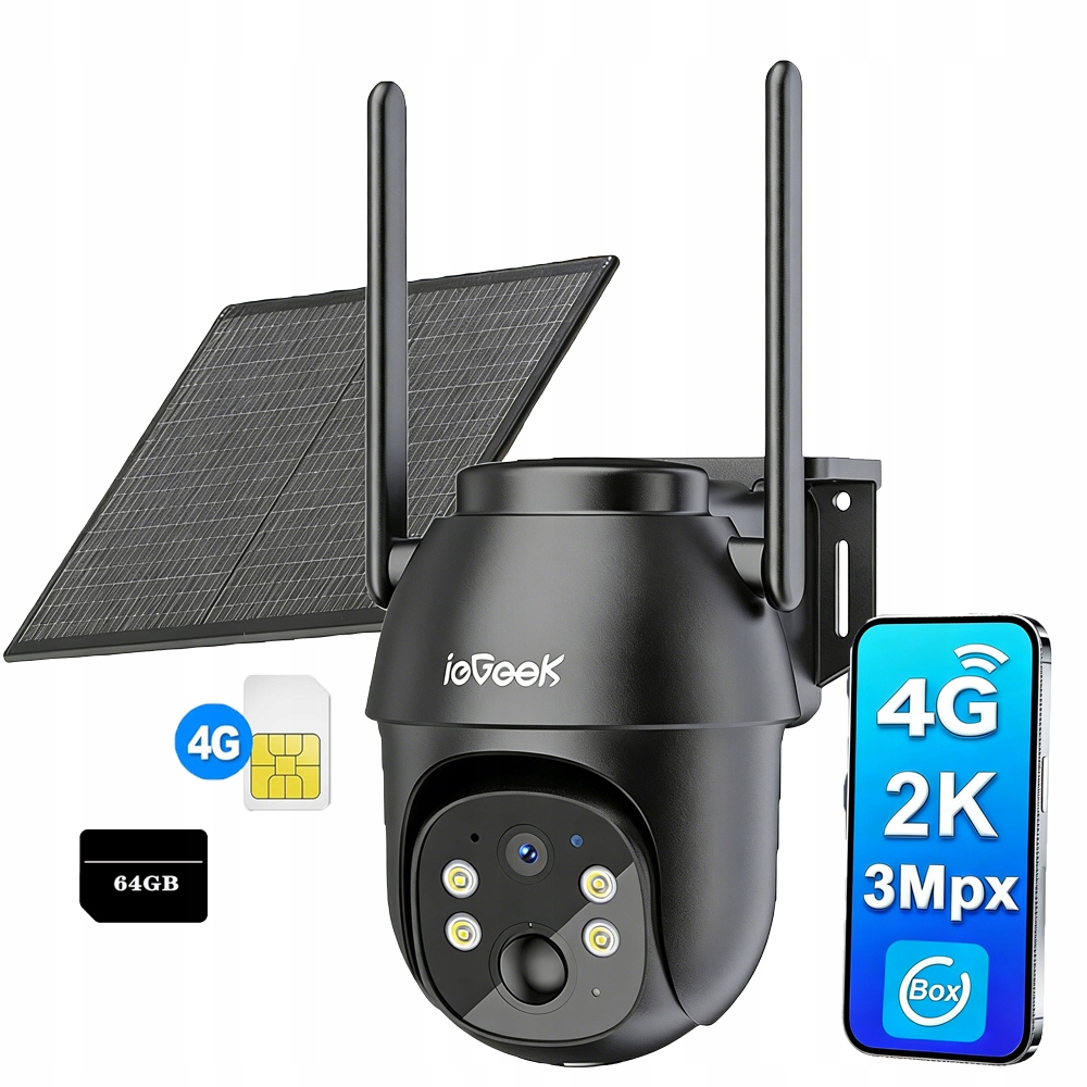 Venkovní 2K kamera s 3MP solárním panelem, Sim karta 4G Lte s 64GB kartou