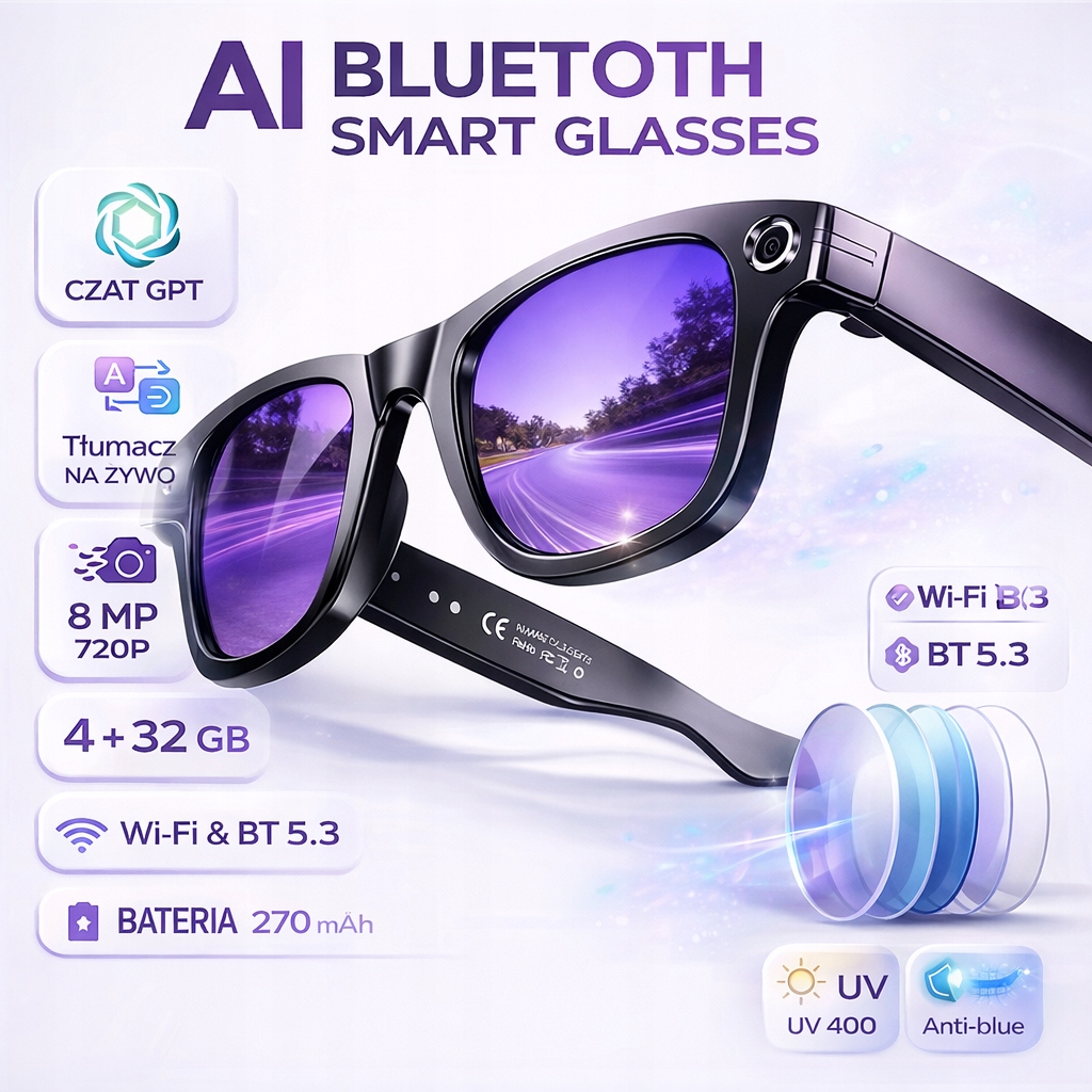 Okulary AI z kamerą i aparatem HD | inteligentne tłumaczenie języków