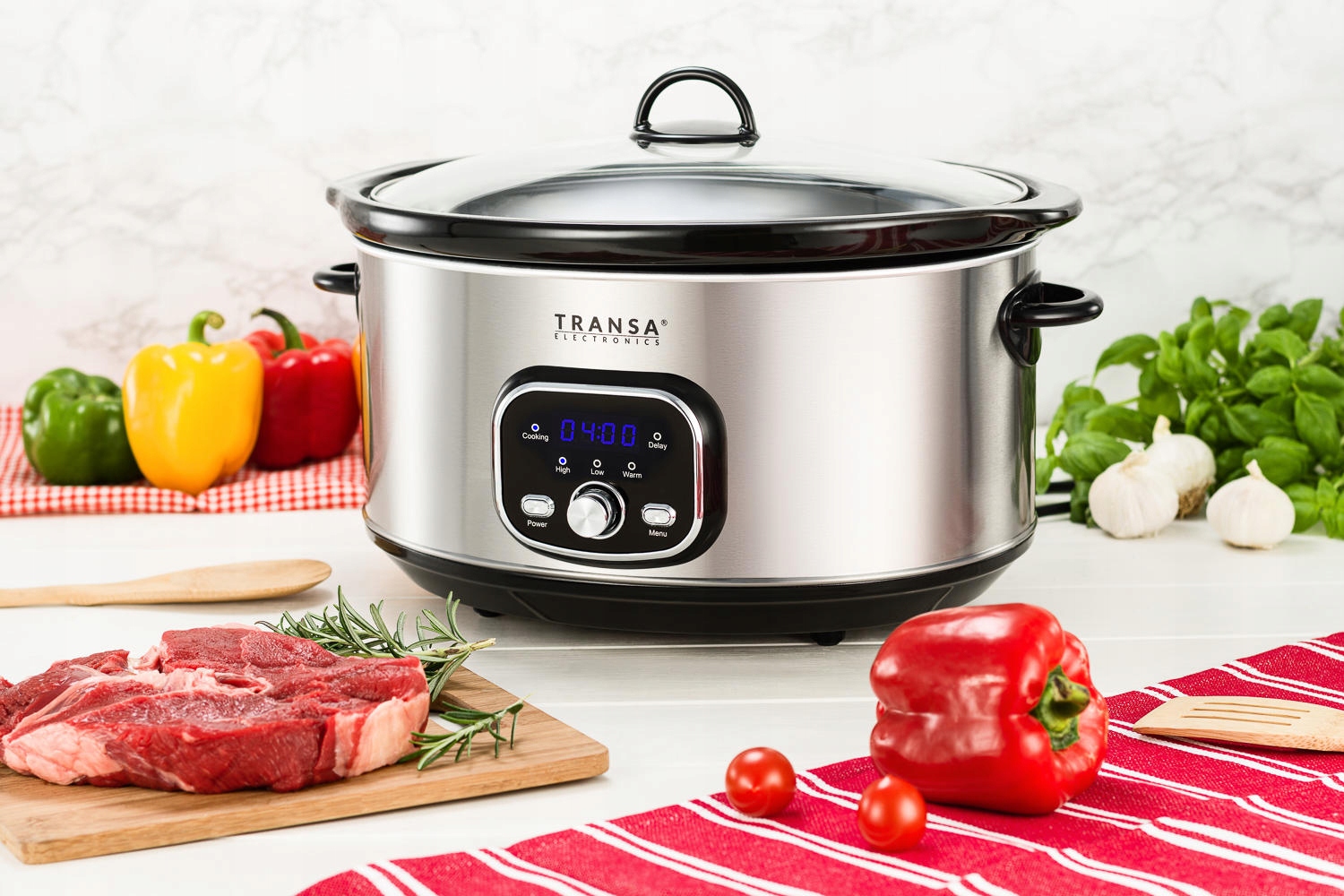 WOLNOWAR Garnek ceramiczny z PROGRAMATOREM SlowCooker TRANSA 6,5L 320W Kolor dominujący srebrny/szary