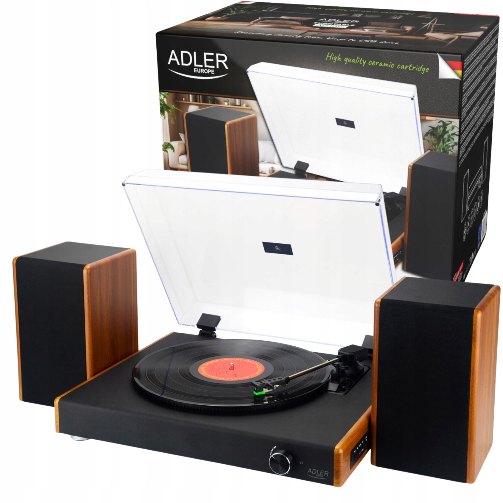 Gramofon Audio Czarny Bluetooth i USB Retro z Głośnikami BT Adler AD 1915