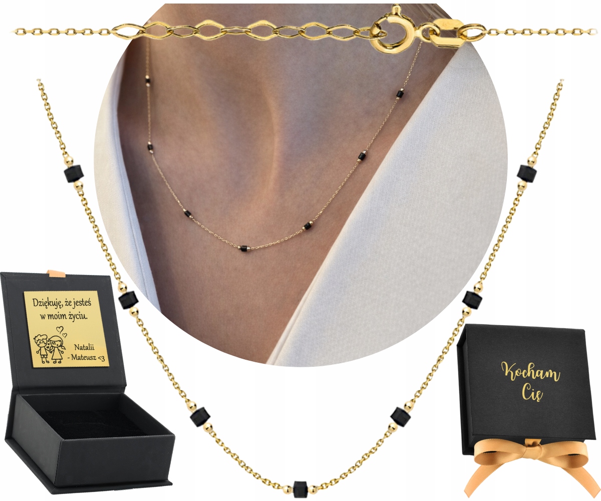 Złoty Naszyjnik Celebrytka Czarne Kamienie I Gładkie Kulki 585