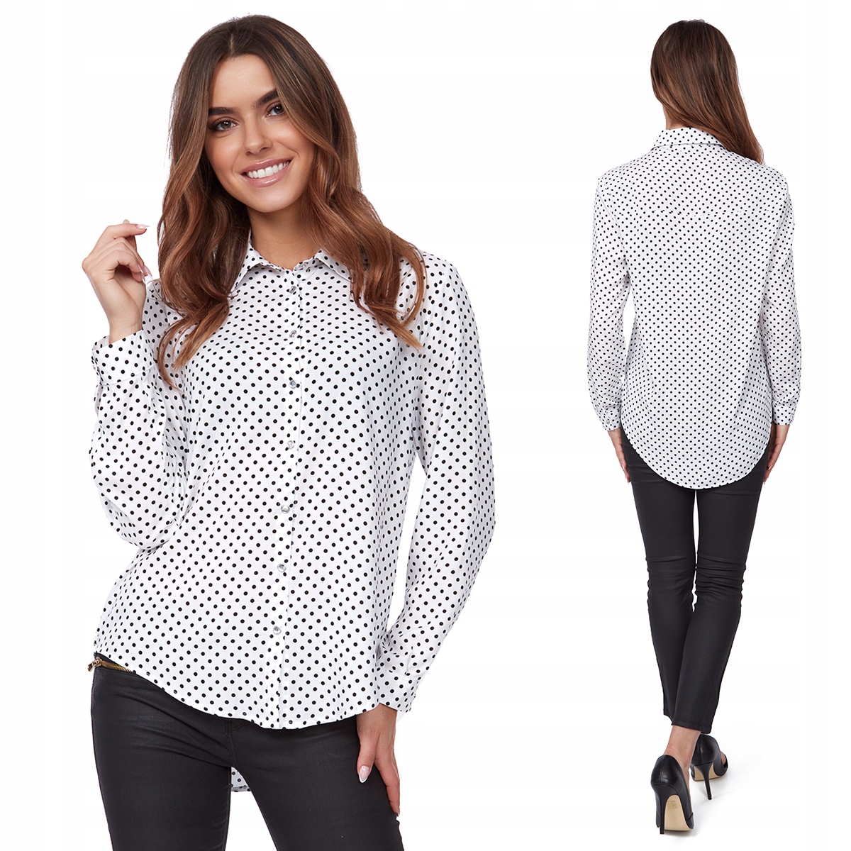 STYLOWA ASYMETRYCZNA KOSZULA GROSZKI KOLORY R - 46