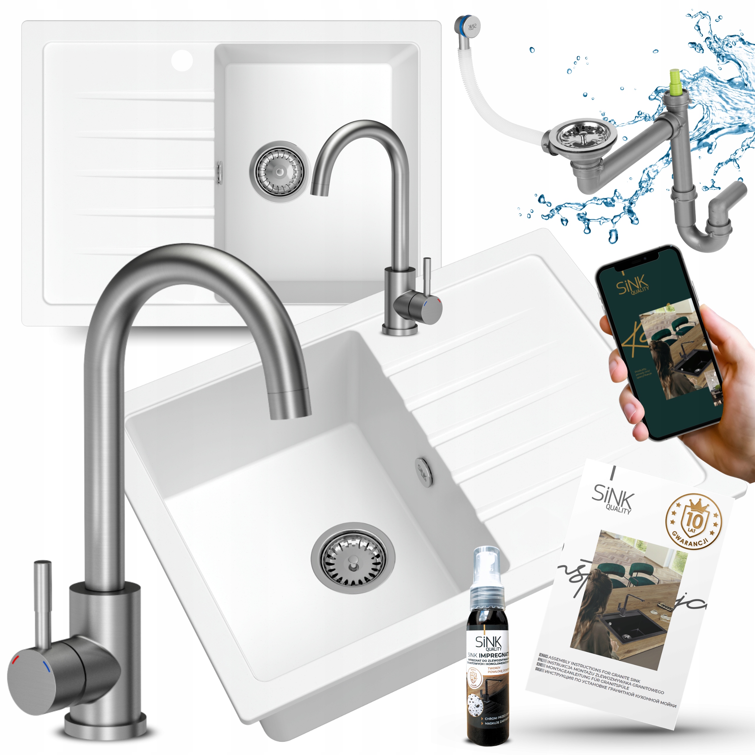 Granitový Dřez Jednokomorový Bílý S Stojací Baterií Sifon Chrom 7v1