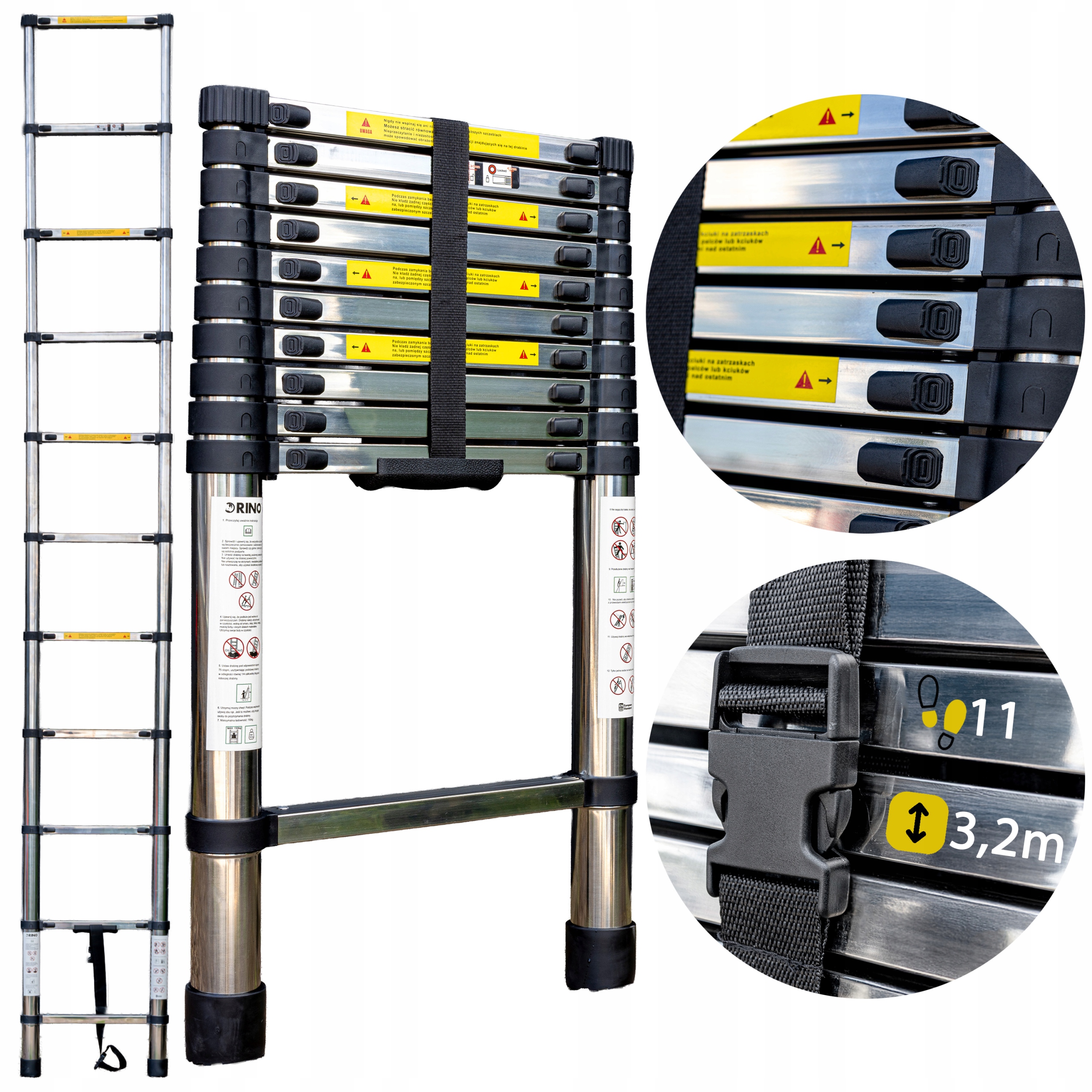 DRABINA TELESKOPOWA SKŁADANA 3,2m STALOWA RINO PRZYSTAWNA 150 kg WYTRZYMAŁA