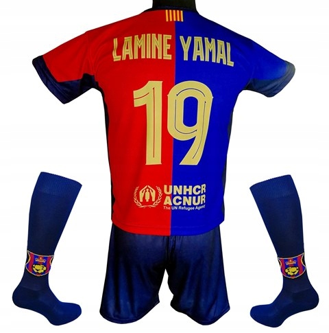 Komplet piłkarski Yamal Barcelona koszulka spodenki getry :: wzrost 116 cm