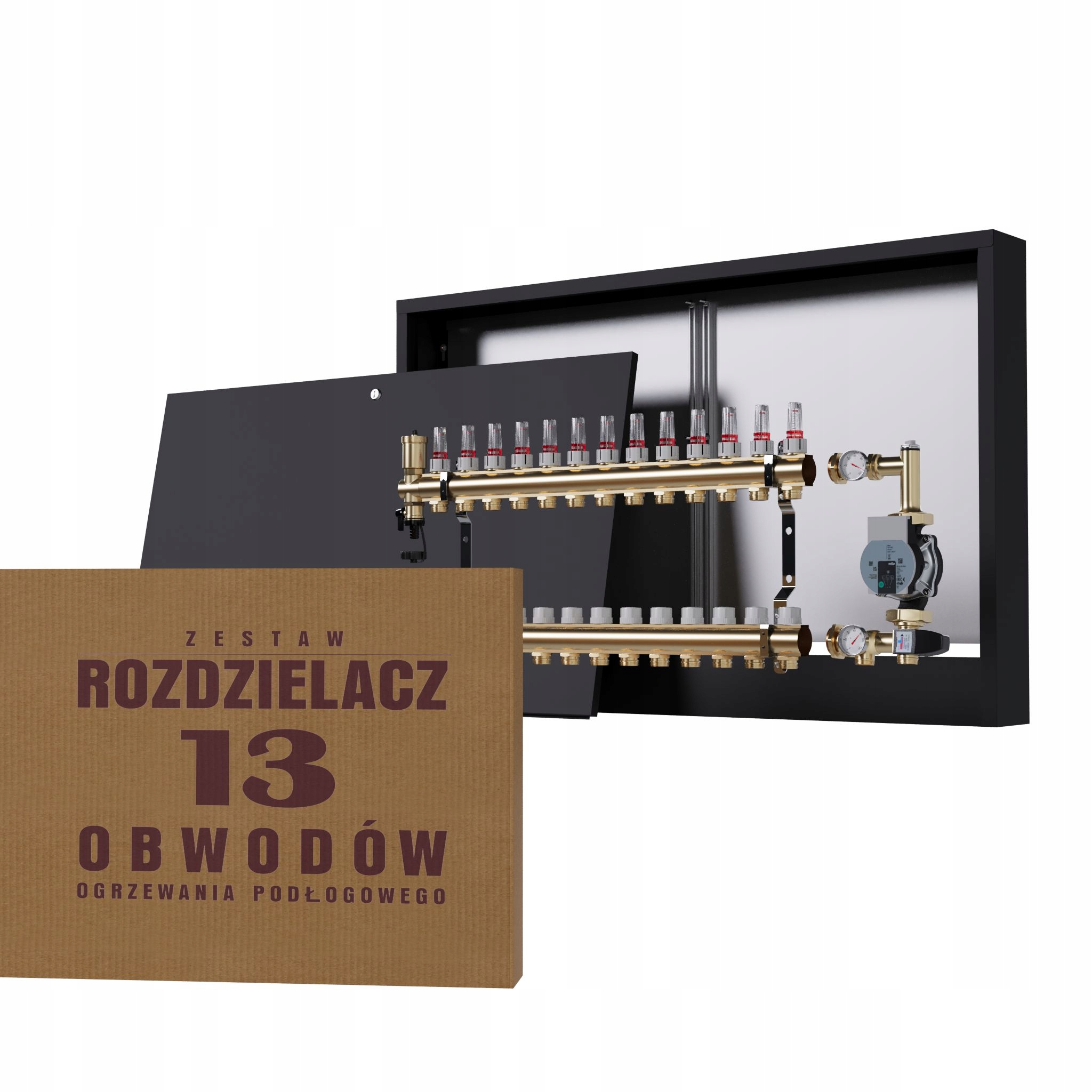 Rozdělovač pro podlahu 13 okruhů s čerpací skupinou Wilo nástěnný, černý