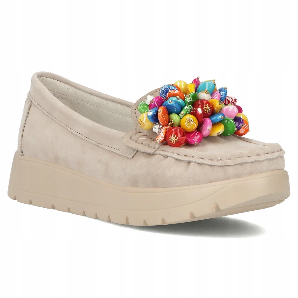 Buty damskie mokasyny skórzane lekkie Filippo beżowe groszki r.40