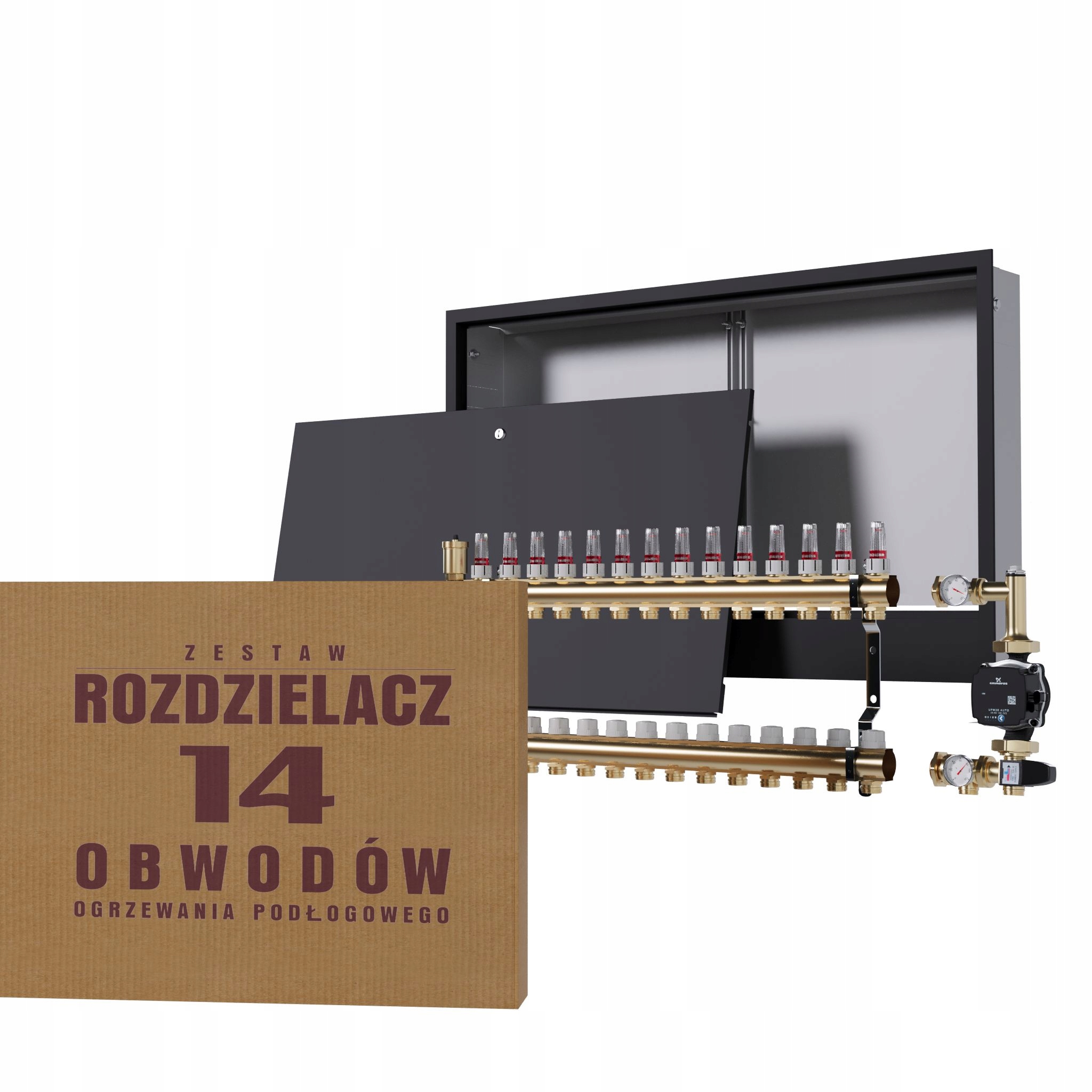 Rozdělovač pro podlahu 14 okruhů se skupinou Grundfos podomítkový černý