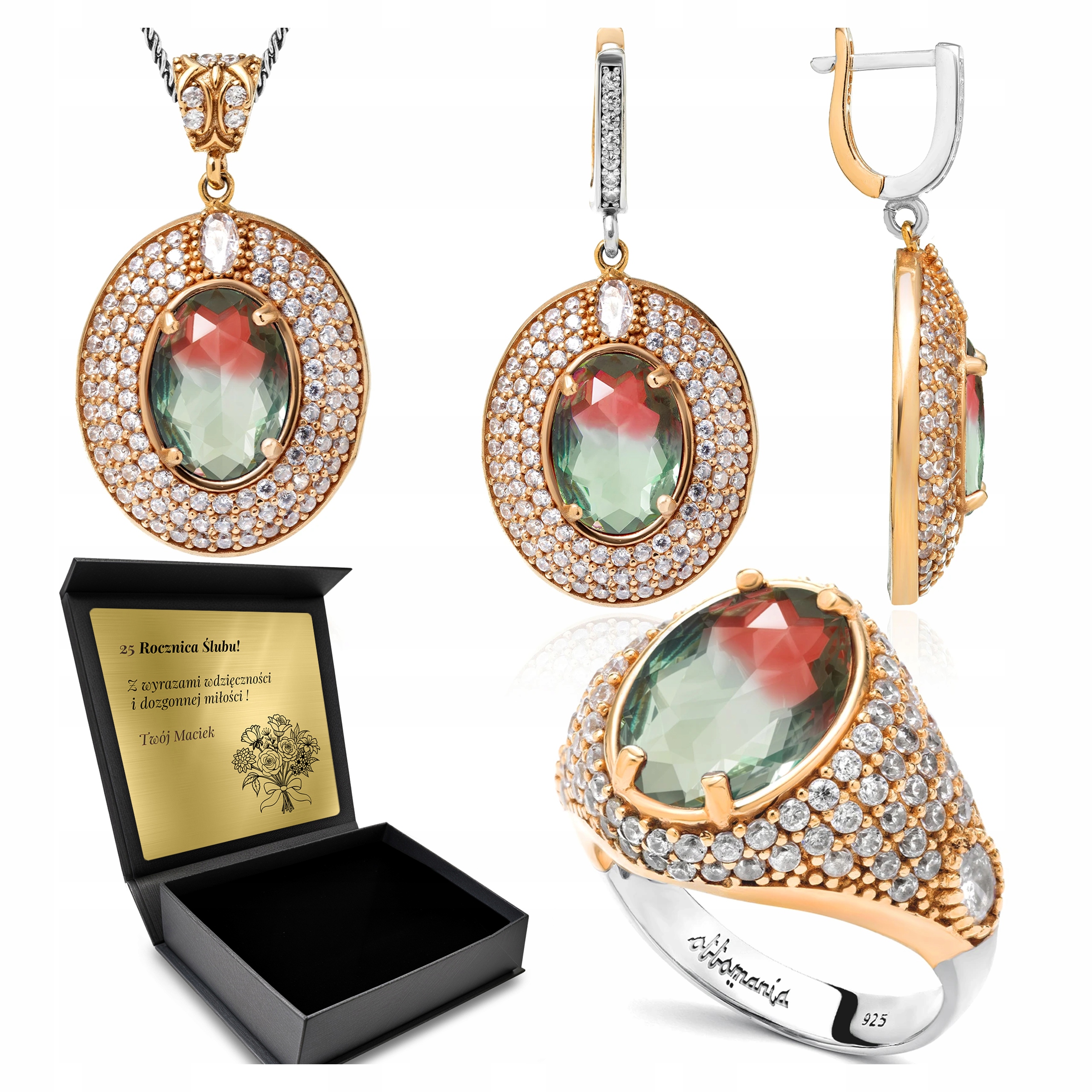 Sada Stříbrných Šperků 925 Zirkony Turmalín Sada Pro Ženu Gravírování