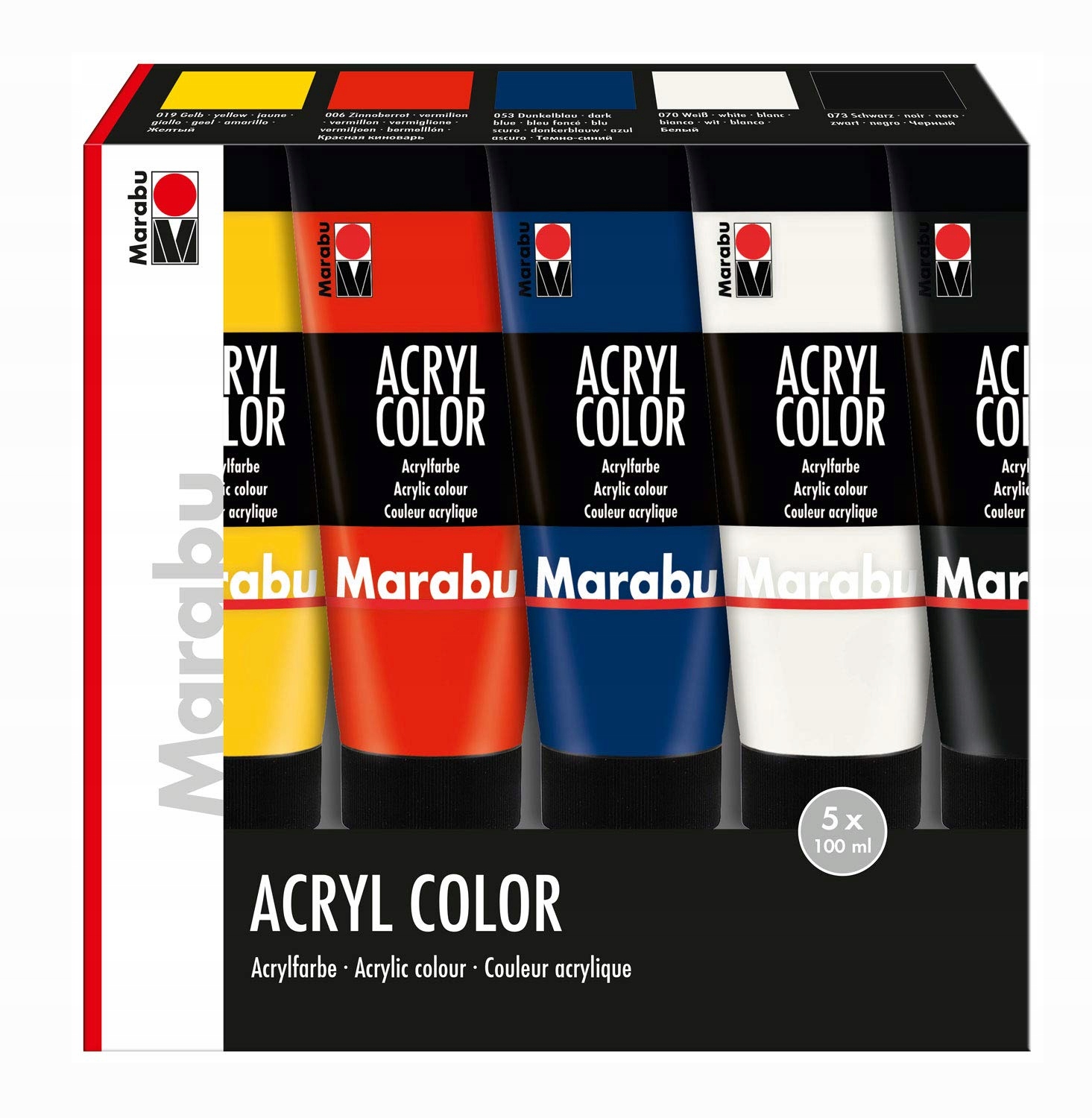 Marabu Sada akrylových barev 5 x 100 ML Žlutá Kyborová Modrá Bílá Ča