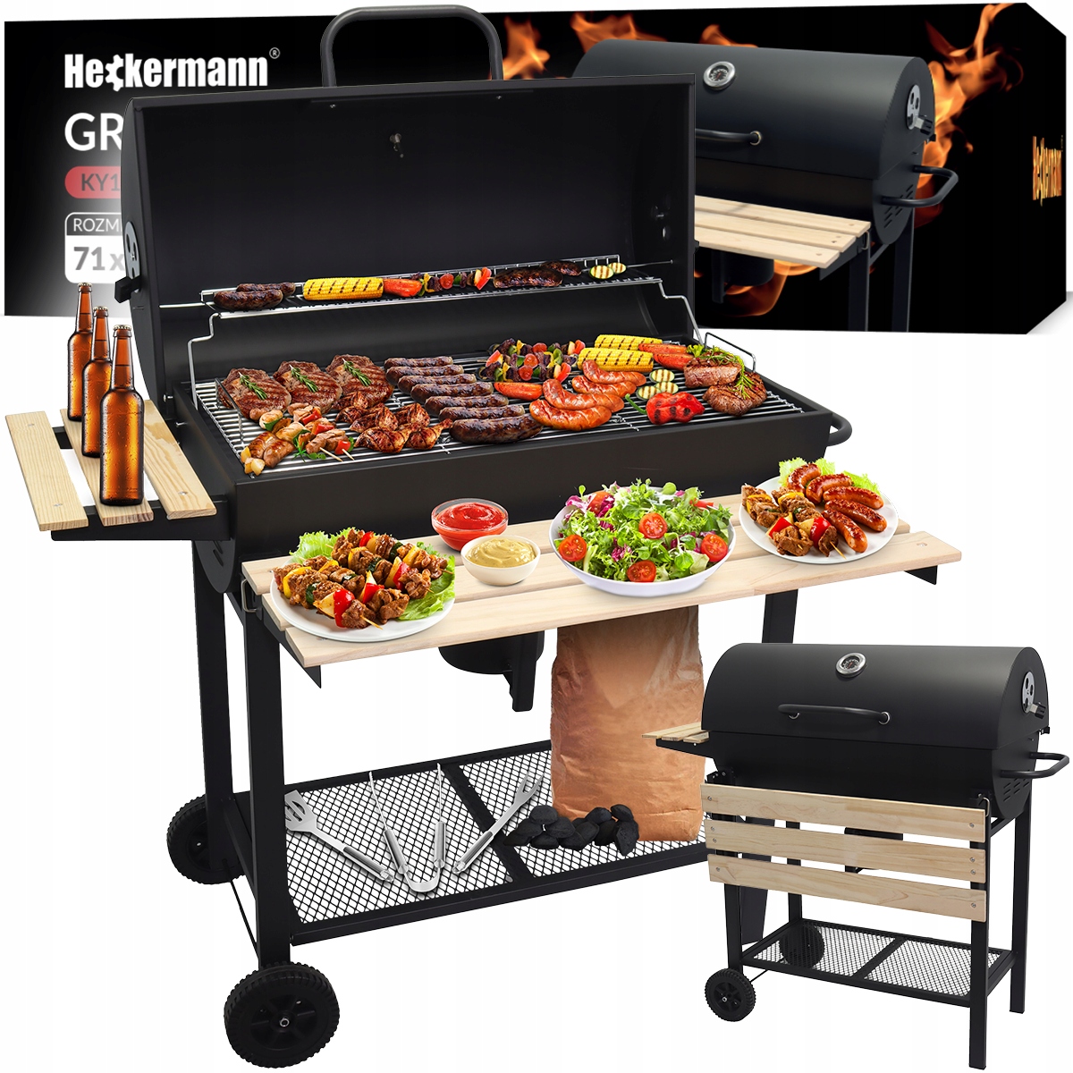 Grill Węglowy Ogrodowy 2 Ruszty Chromowane 2 Półki Popielnik Termometr Stal