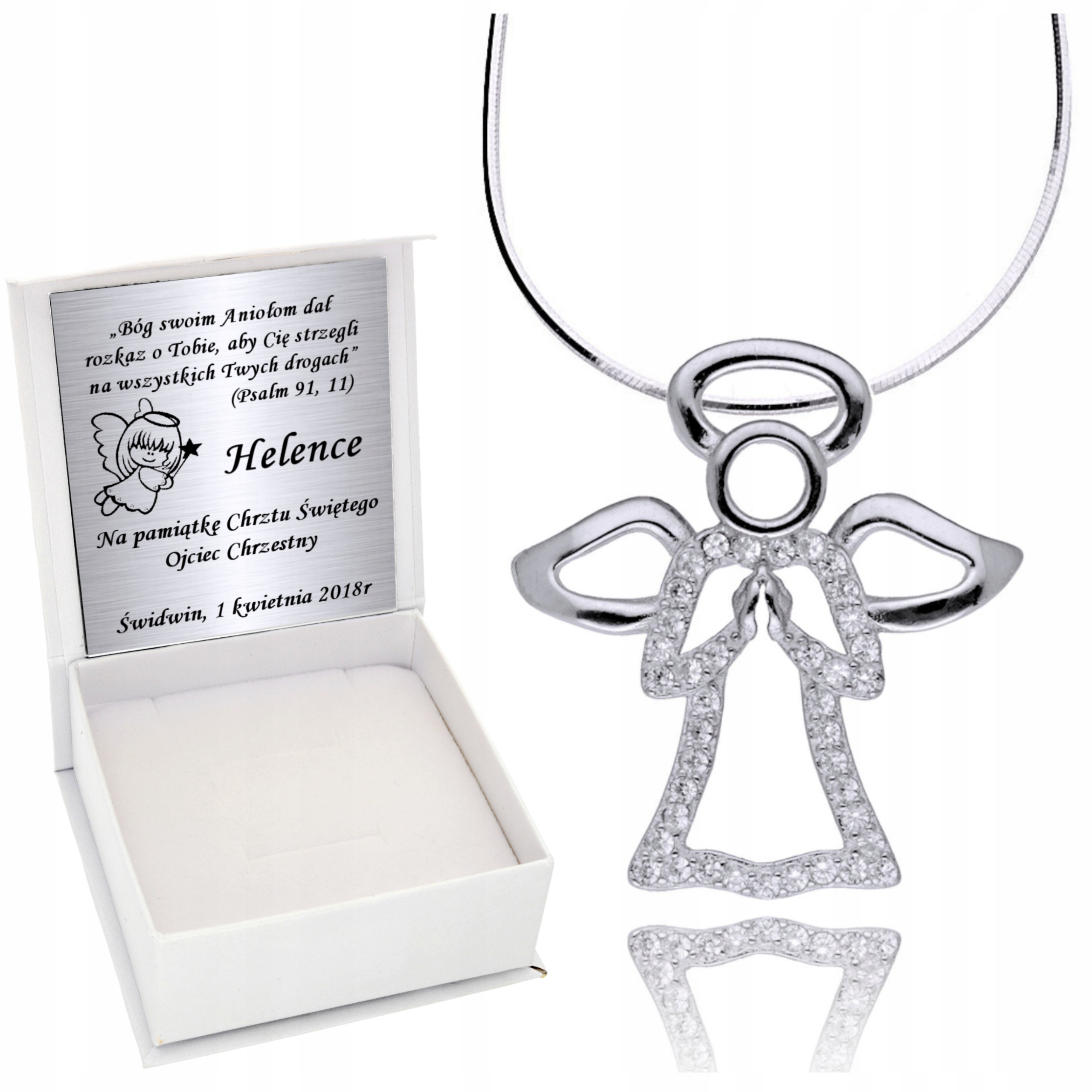 Srebrny Łańcuszek 925 Medalik Aniołek Grawer