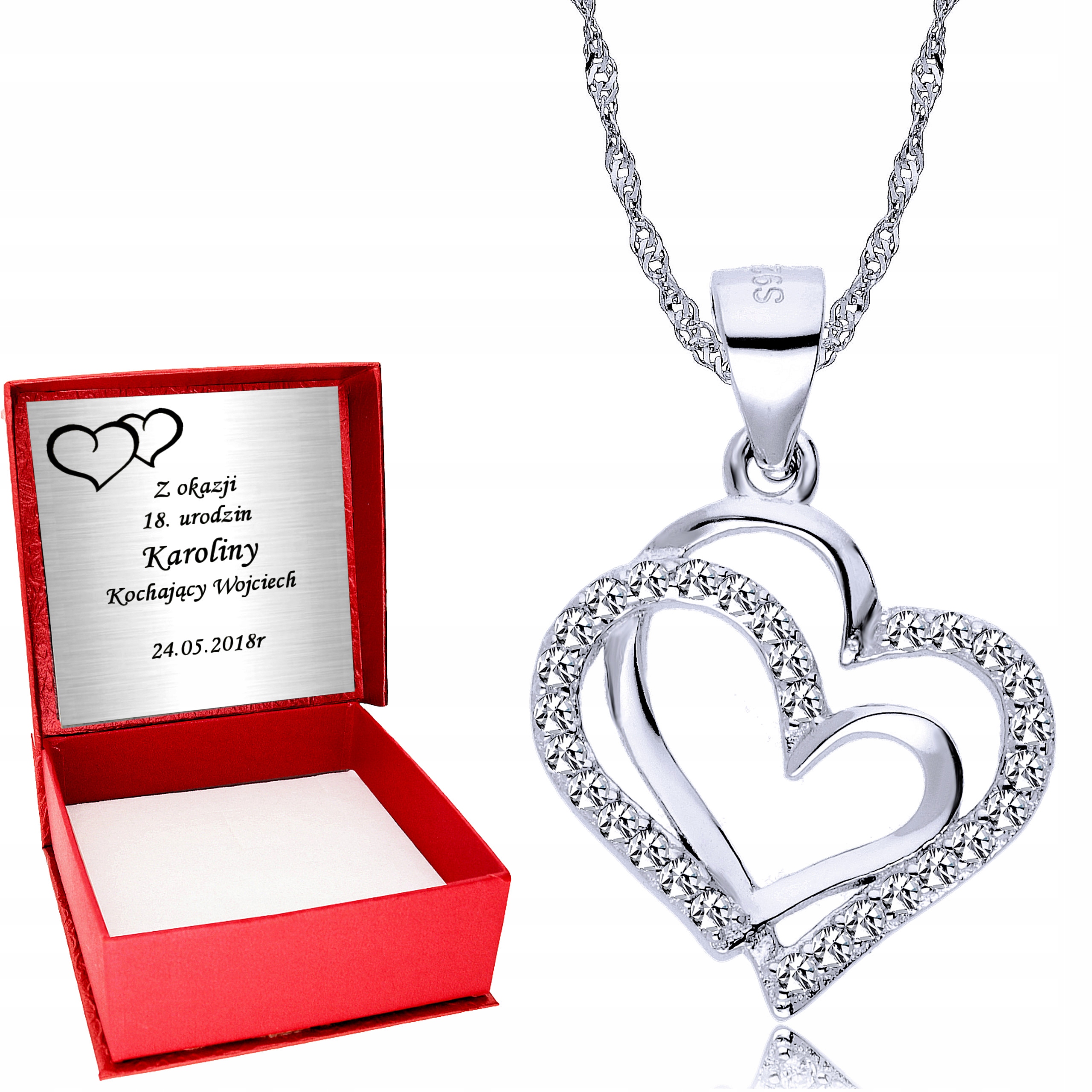 

Srebrny Łańcuszek 925 Serce Dwa Serca Grawer