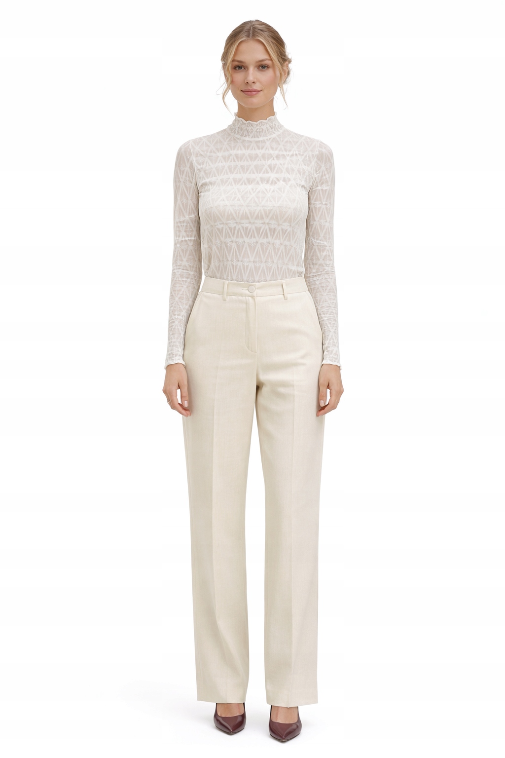 Elegantní Béžové Kalhoty S Vysokým Pasem L I3A