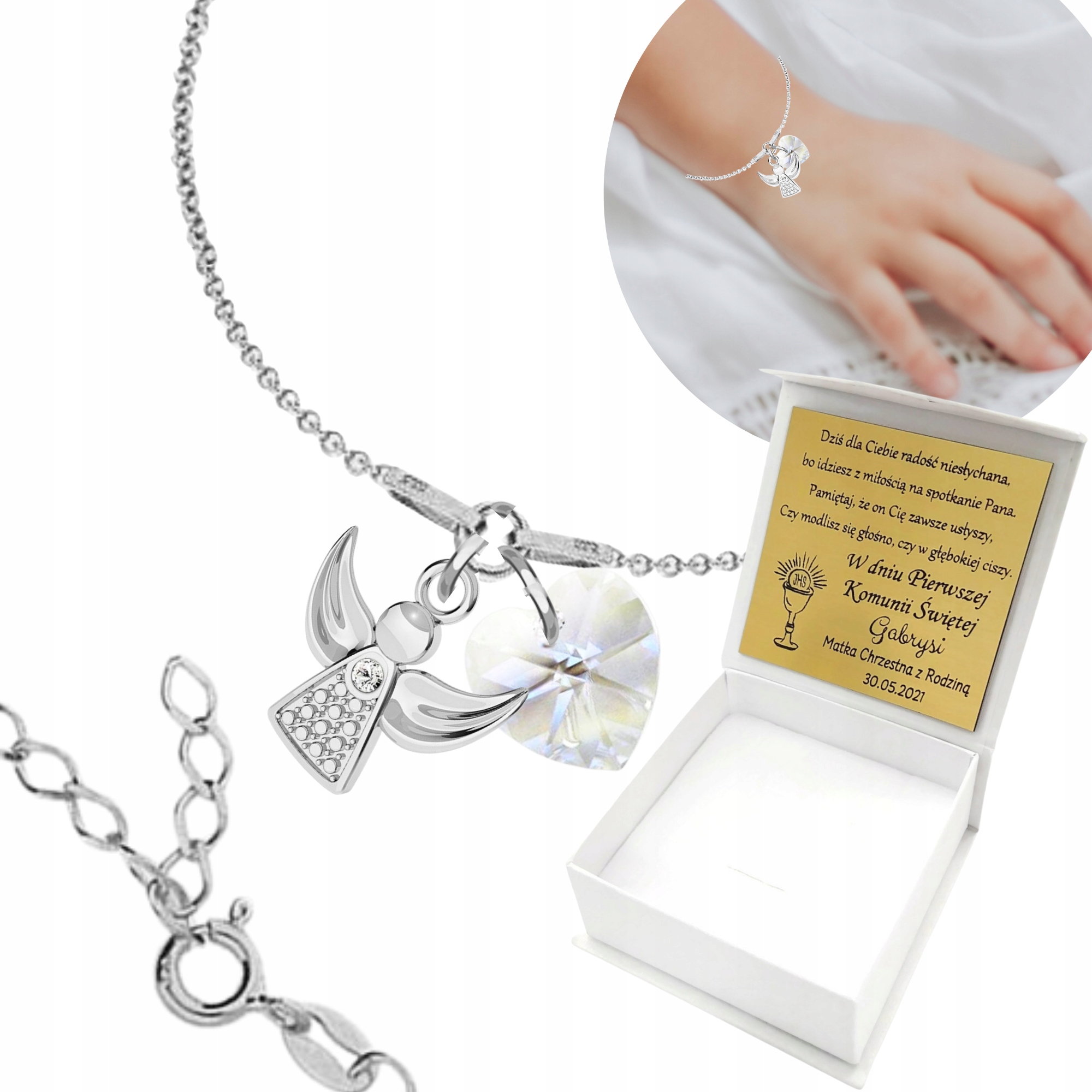 Náramek pro dívku Anděl Srdce Svaté Přijímání Gravírování Stříbro 925