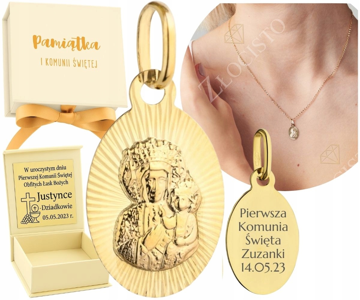 Zlatý Medailonek Ovál Panna Maria Čenstochovská 585 14K Gravírování Na zadní straně