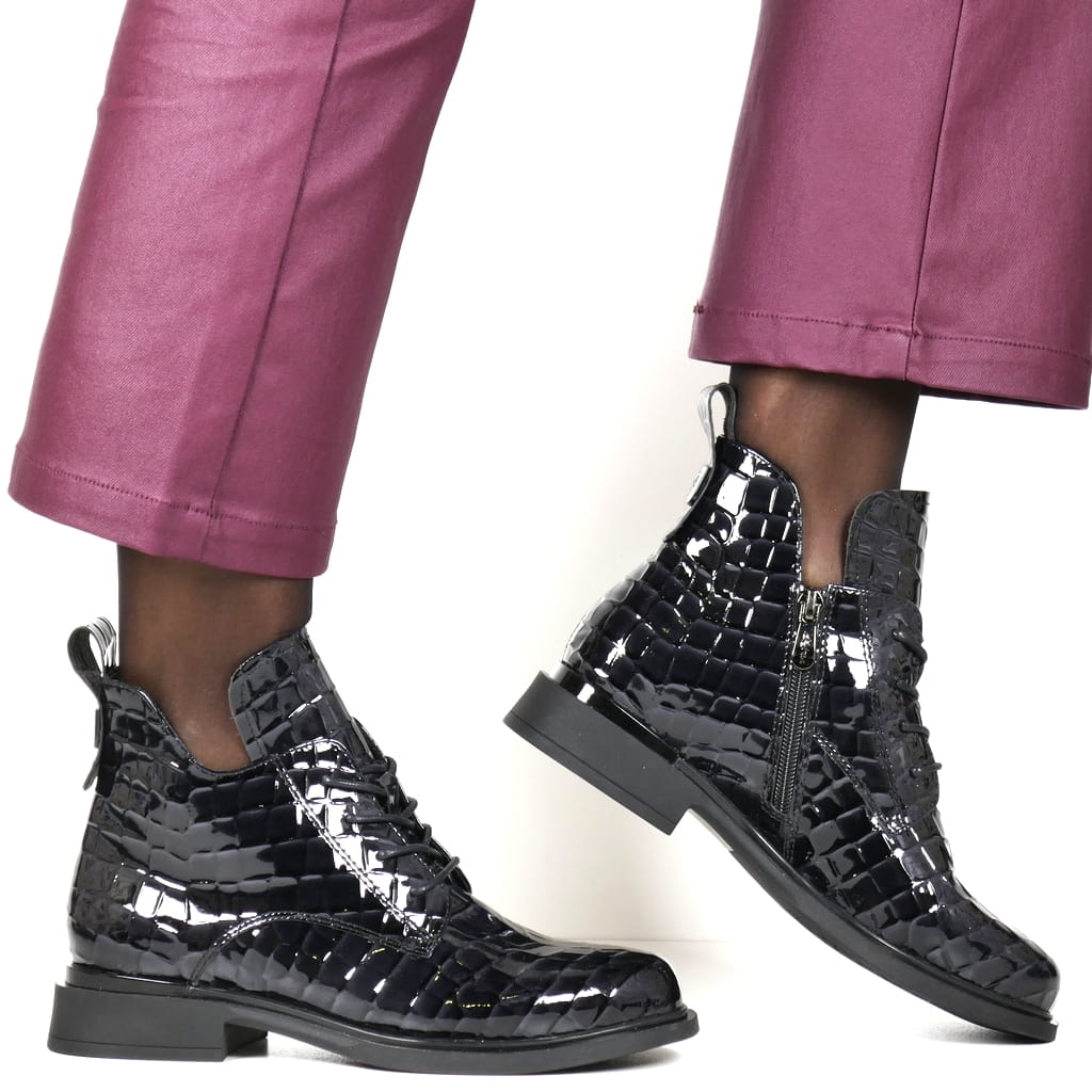 Černé Lakované Kožené Kotníkové Boty Boty Do Kotníku Šněrovací Zip Módní