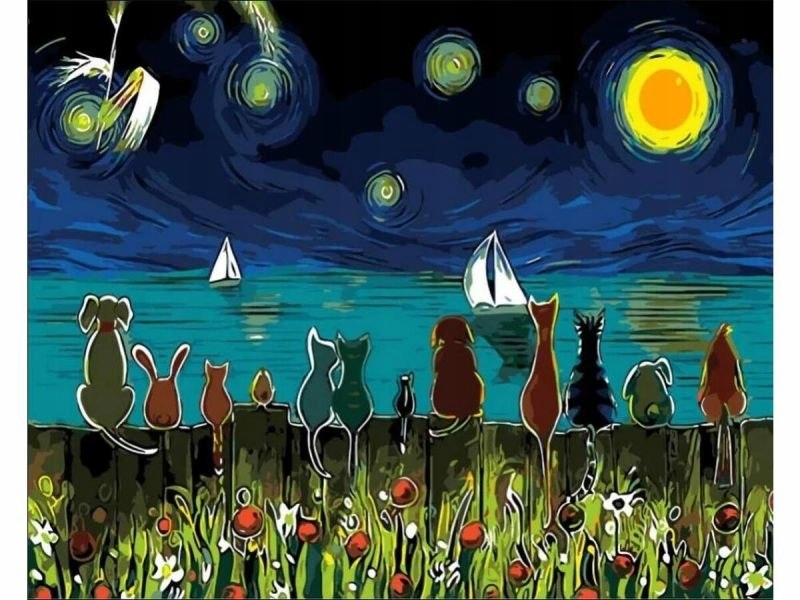 OBRAZ MALOWANIE PO NUMERACH RAMA PIES KOT KOTY 50x