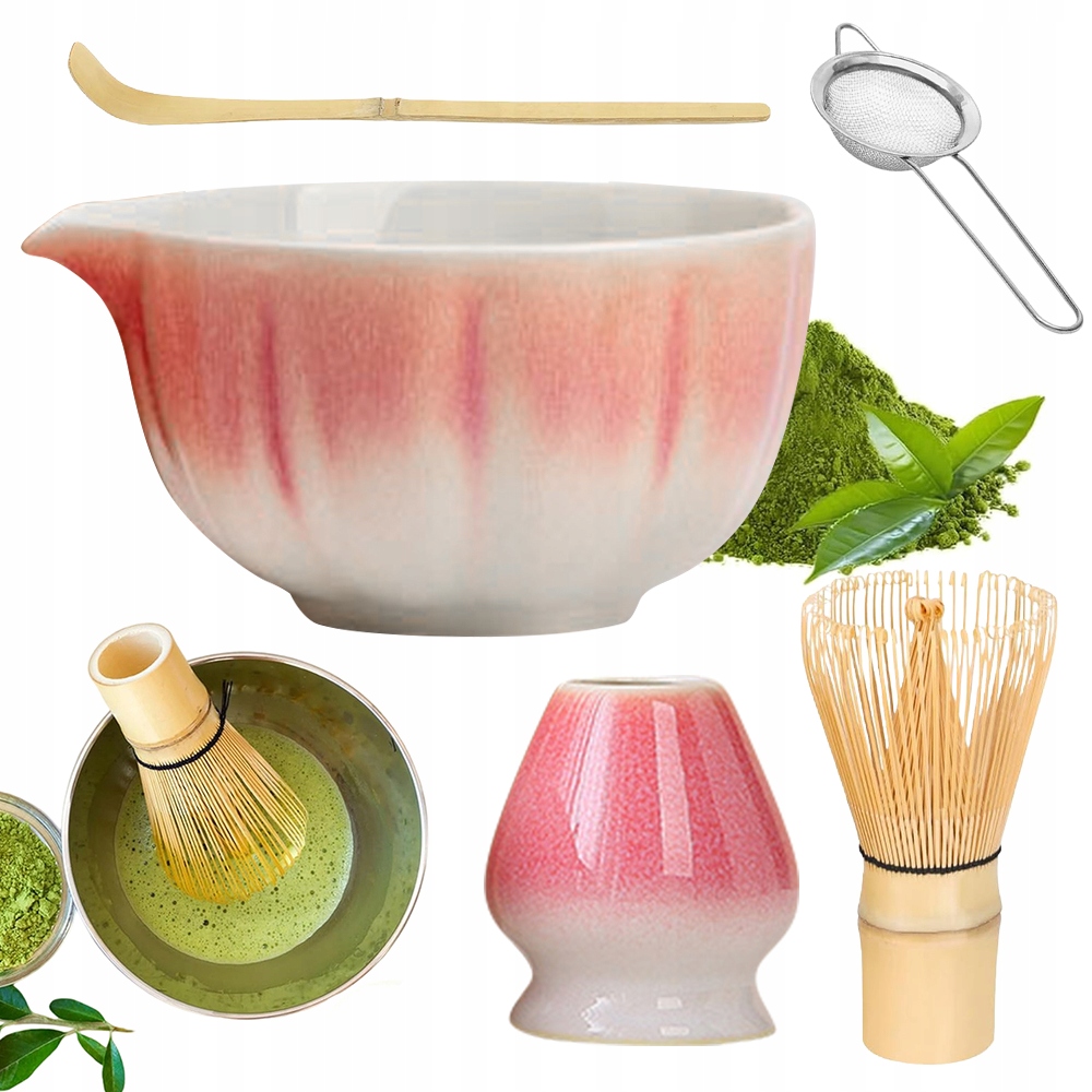 Levně Set Matcha Keramika Růžovo Bílá Miska 12.7x7.8CM Třepačka Lžíce Sítko