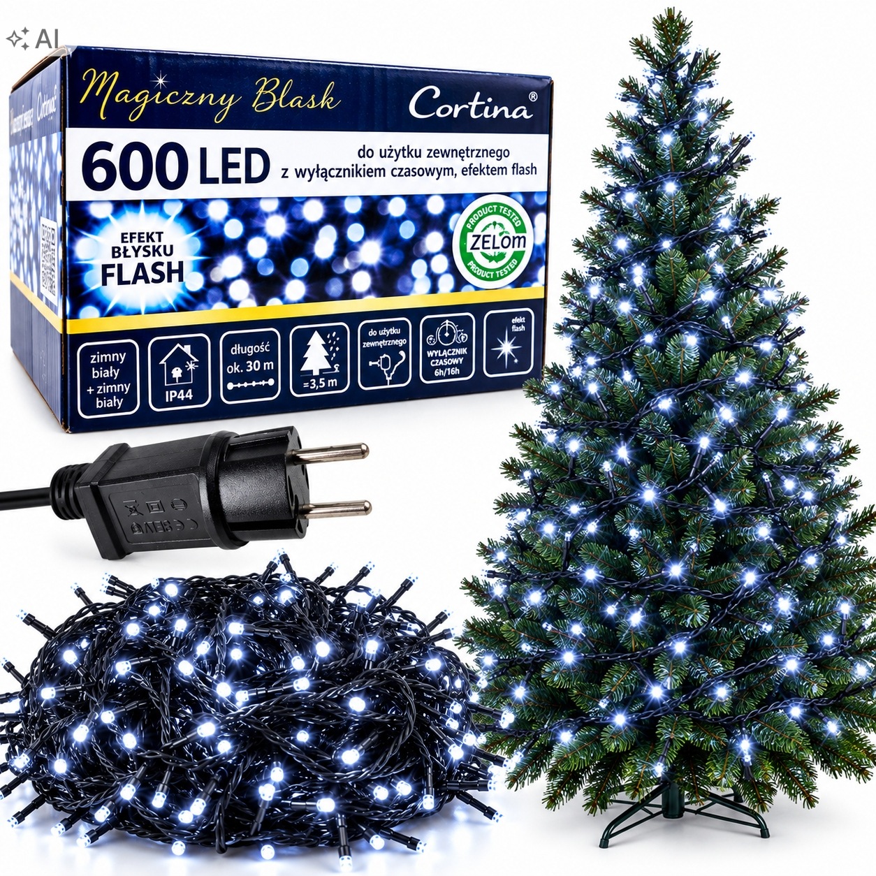Lampki Choinkowe 600 Led Zewnętrzne Zimny Biały Flash Timer Na Choinkę IP44