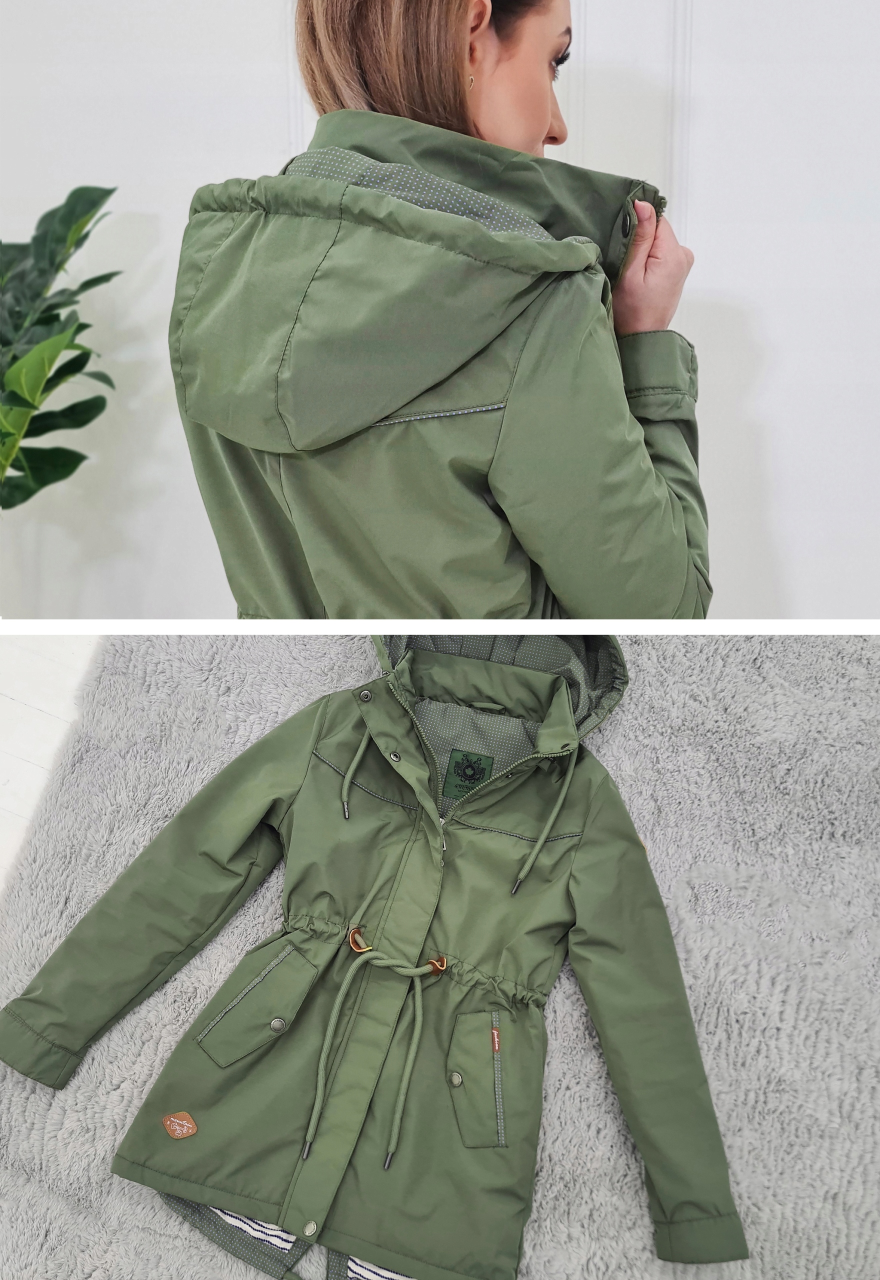 PRZEJŚCIOWY TALIOWANY PARKA PŁASZCZ Z KAPTUREM XXL Rękaw długi rękaw