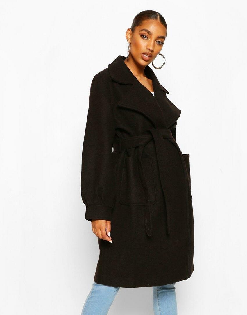 Přechodový Těhotenský Kabát Černý S Páskem Boohoo, Velikost 38