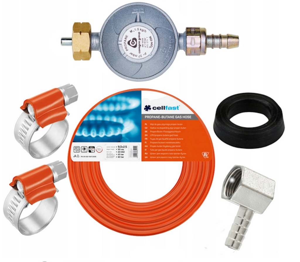 Reduktor z zabezpieczeniem butli 11kg wąż 2m złączka –bezpieczny Zesta