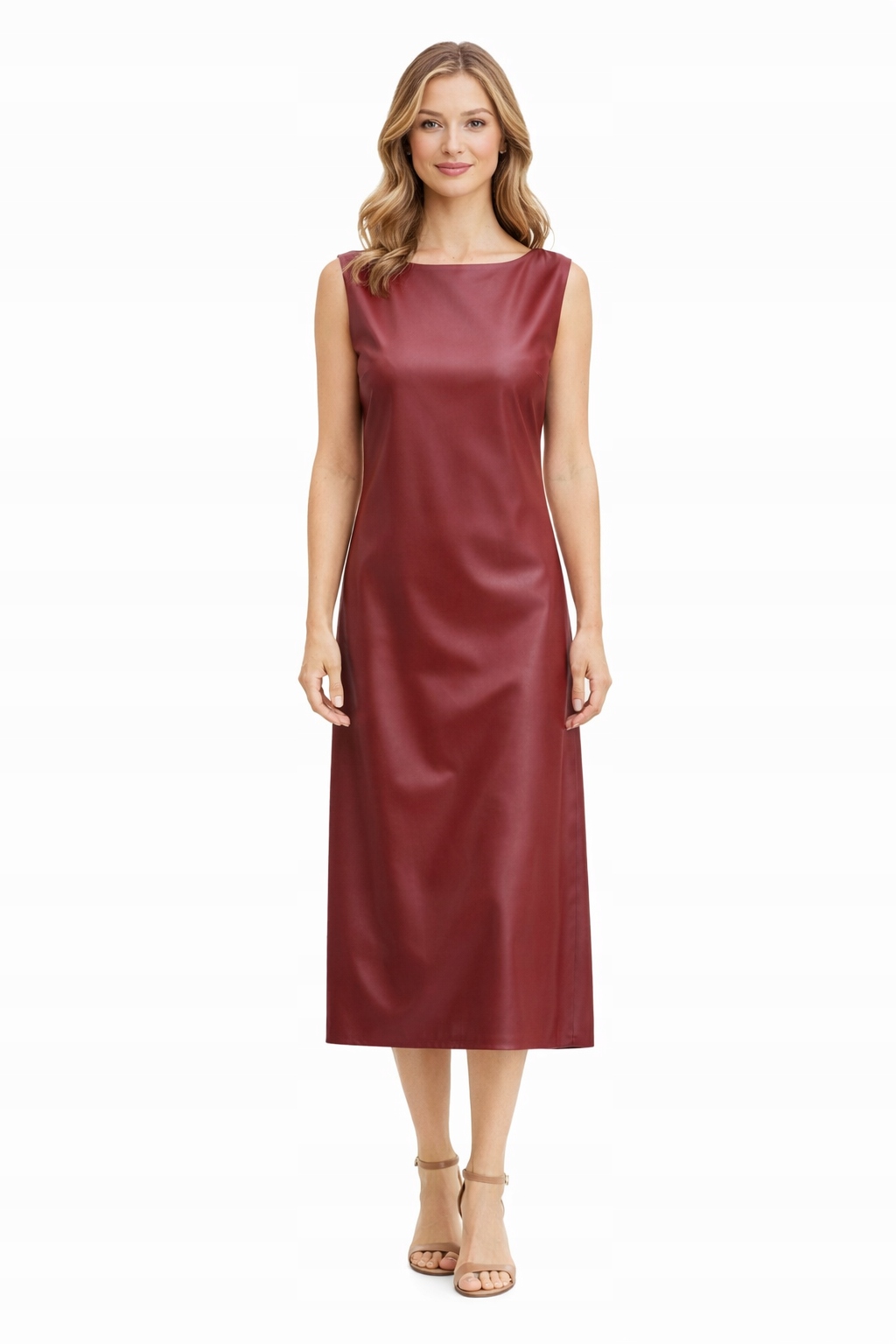 Bordó Jednoduchá Šaty Bez Rukávů Z Ekologické Kůže L 1I3A