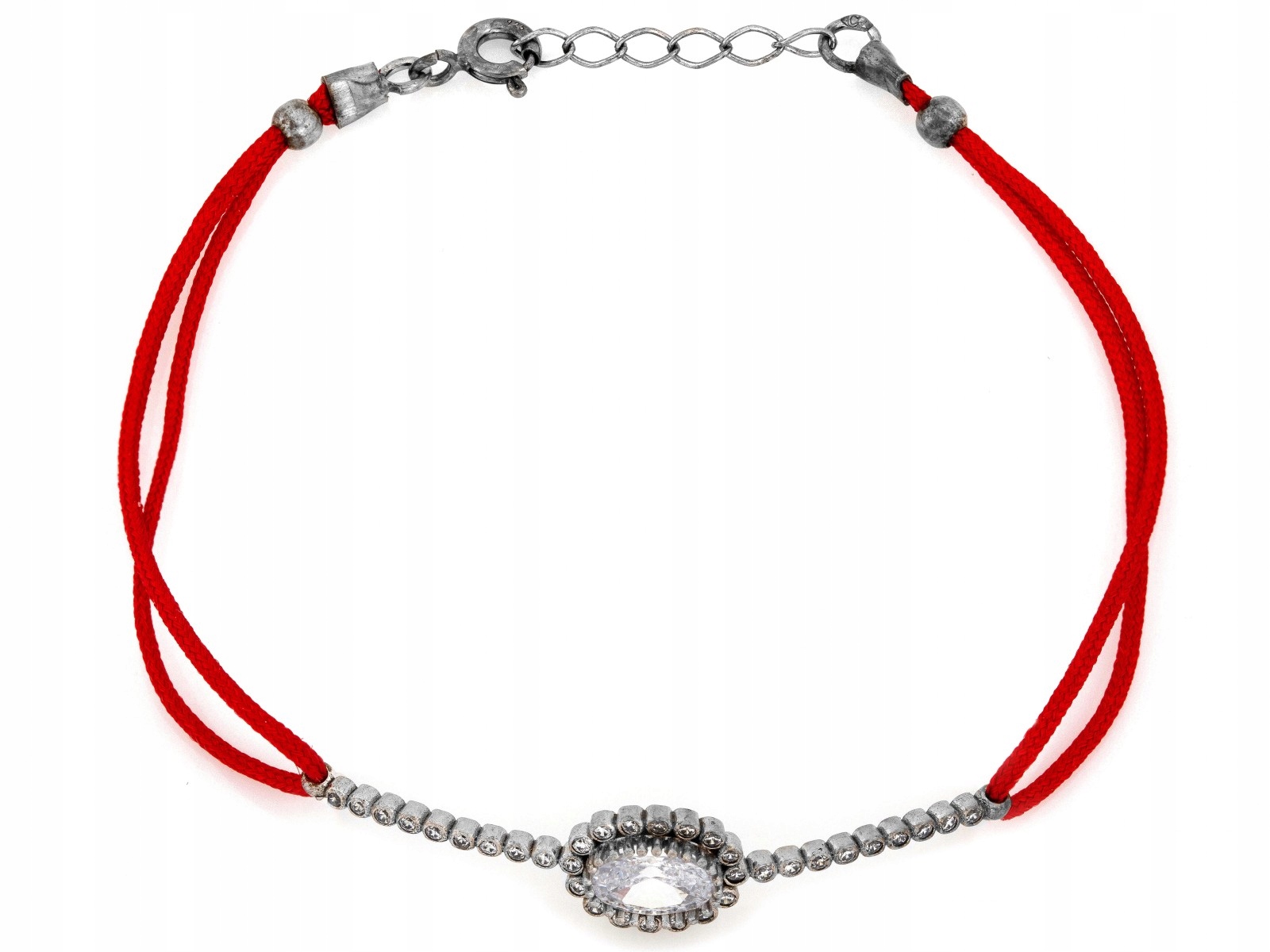 Stříbrný náramek 925 s zirkony na červeném provázku 2.14 g Vel 19