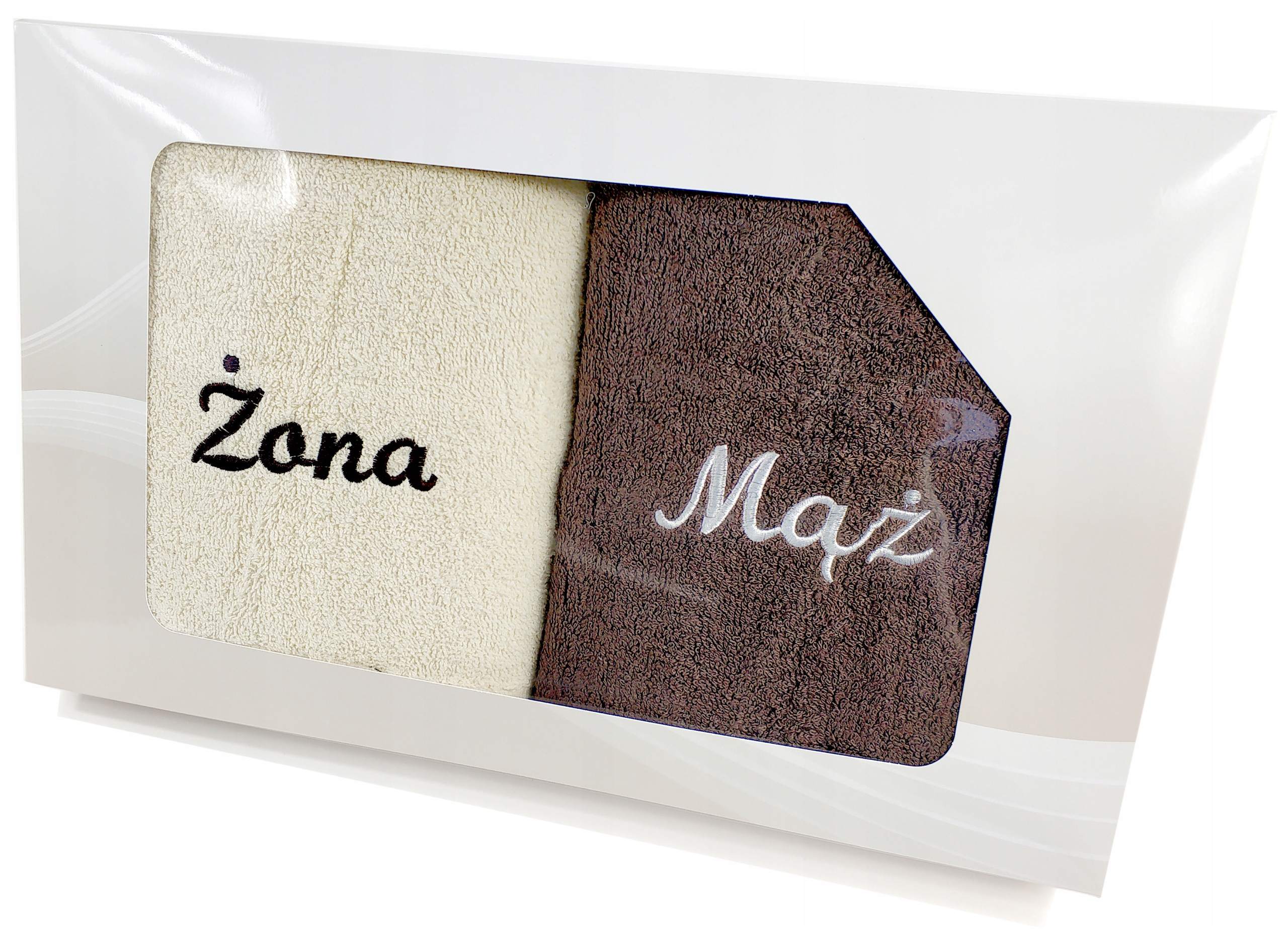 Komplet 2 ręczników Present 70x140 Greno prezent haft ŻONA MĄŻ krem brąz