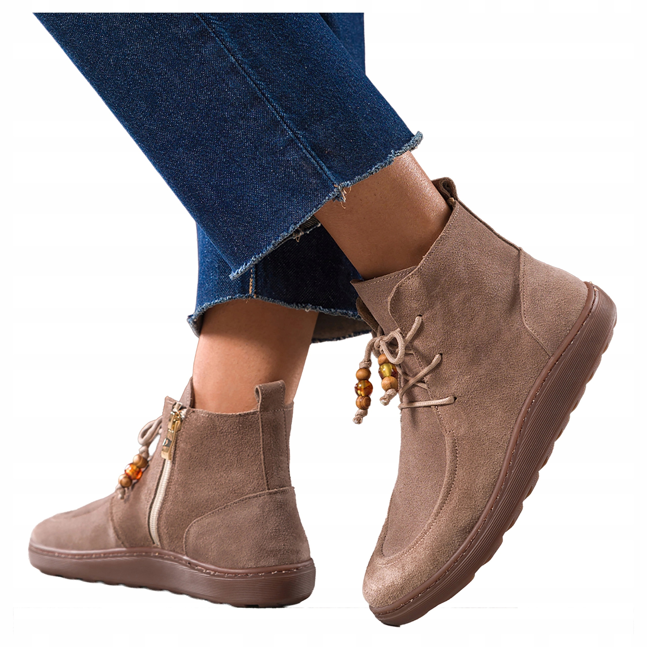 Kotníkové Boty Tmavě béžové Dámské Barefoot Kožené korálky Semišové Modne vel 38