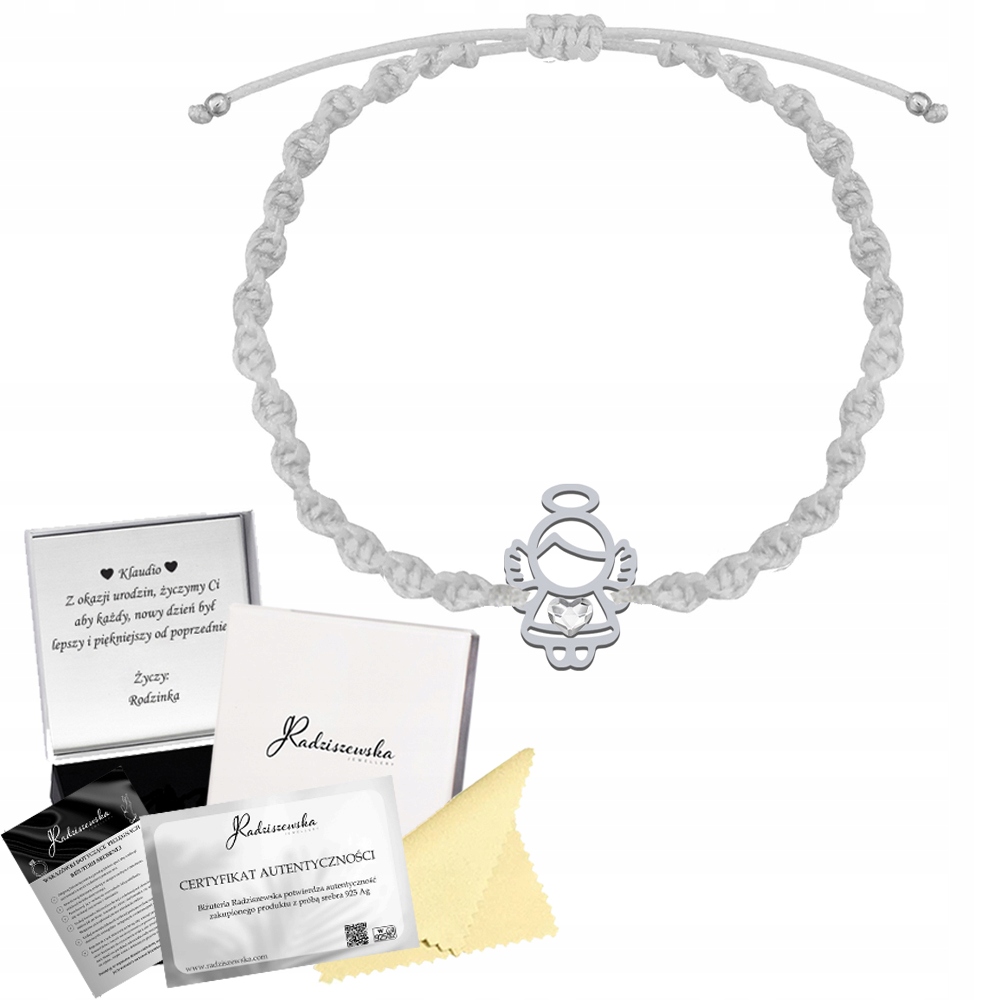 Náramek na křtiny Anděl Stříbro 925 Šňůra Dárek Dedikace Bonus