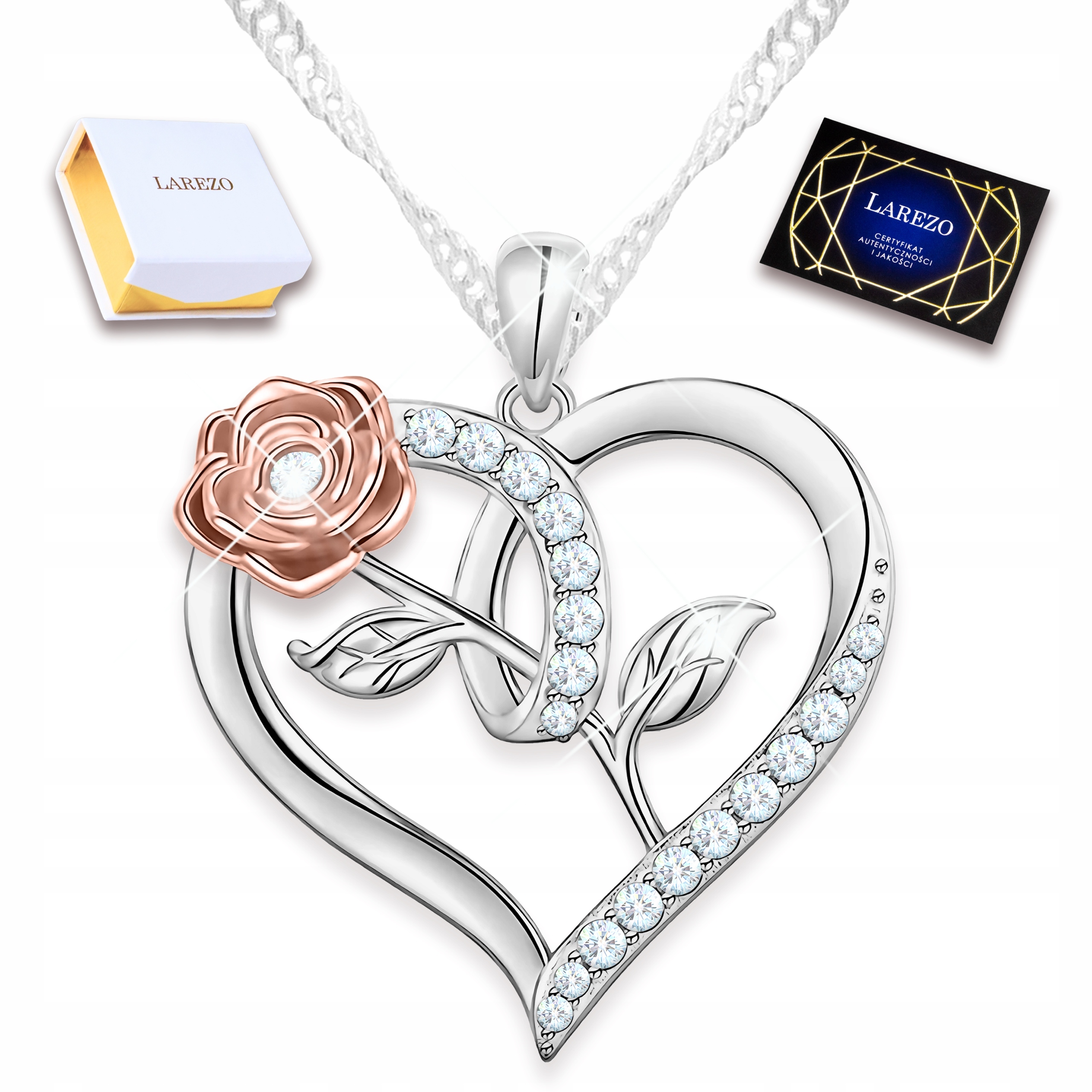 Stříbrný náhrdelník Srdce Květ Růže Bílé Lesklé Zirkony Stříbro 925