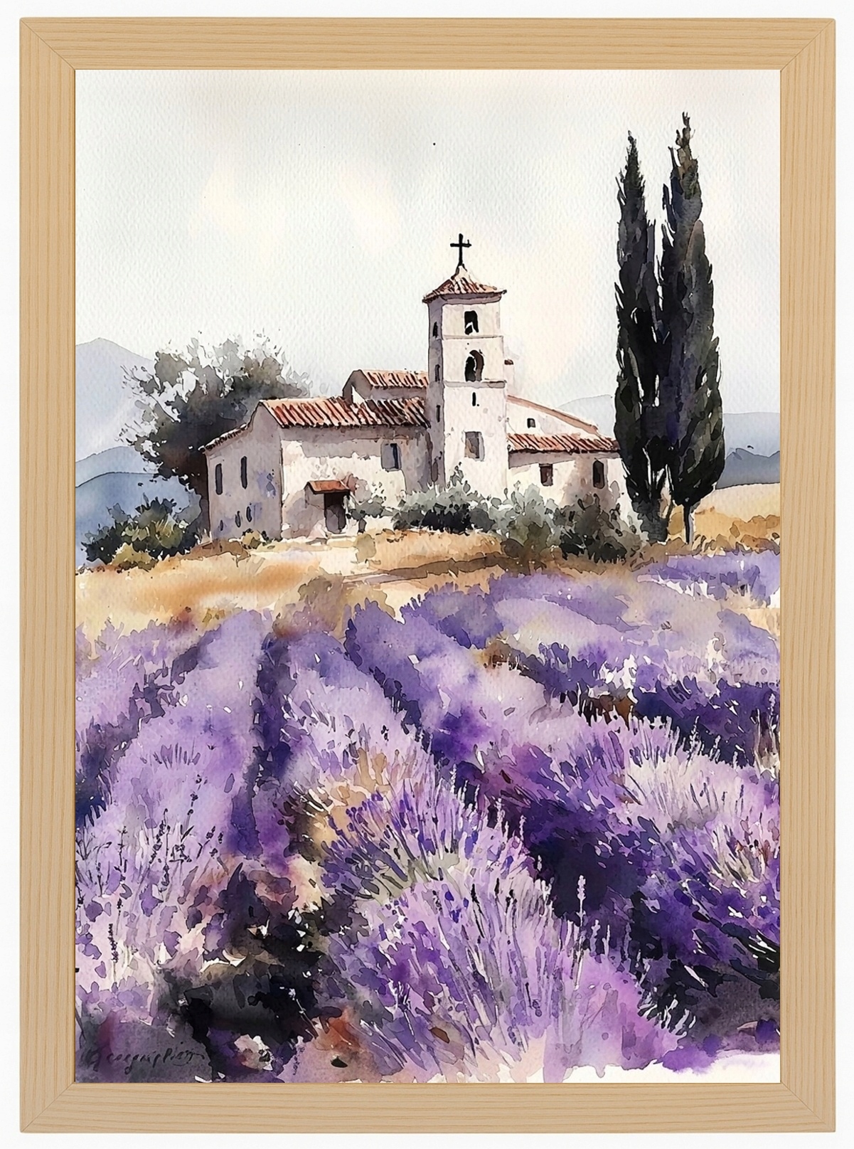 Plakát Rámeček Dřevo Pole Levandule Kaple Cypřiš Vesnice Provence 70x100