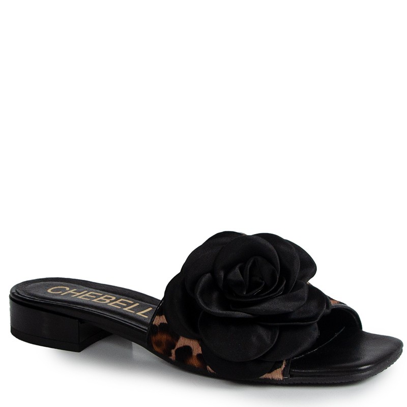 CheBello 4673 Černé Kožené Nazouváky S Leopardím Vzorem S Květem 38