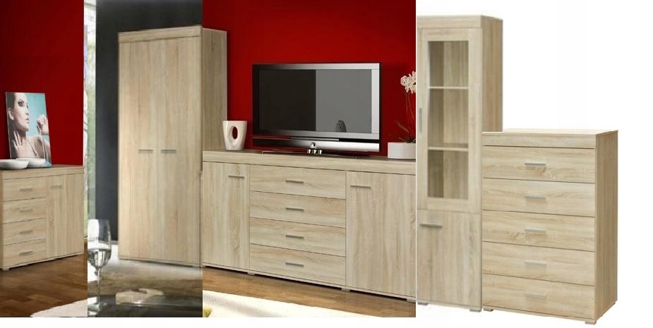 ZESTAW MEBLI 3 x KOMODA+SZAFA+WITRYNA dąb sonoma