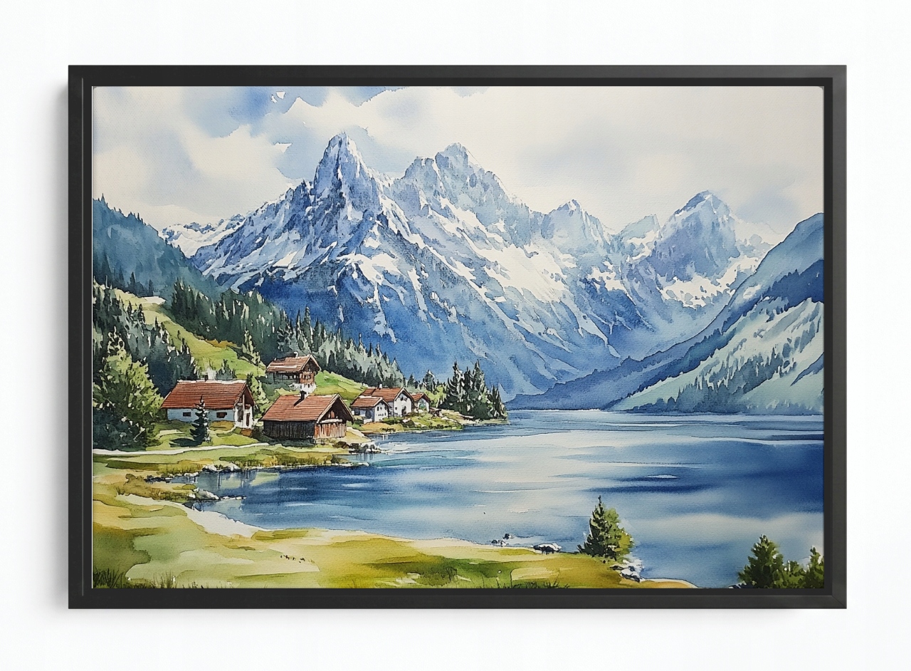 Obraz Rám Americký Box Krajina Hory Vrcholy Alpy Jezero Domy Vesnice 120x80