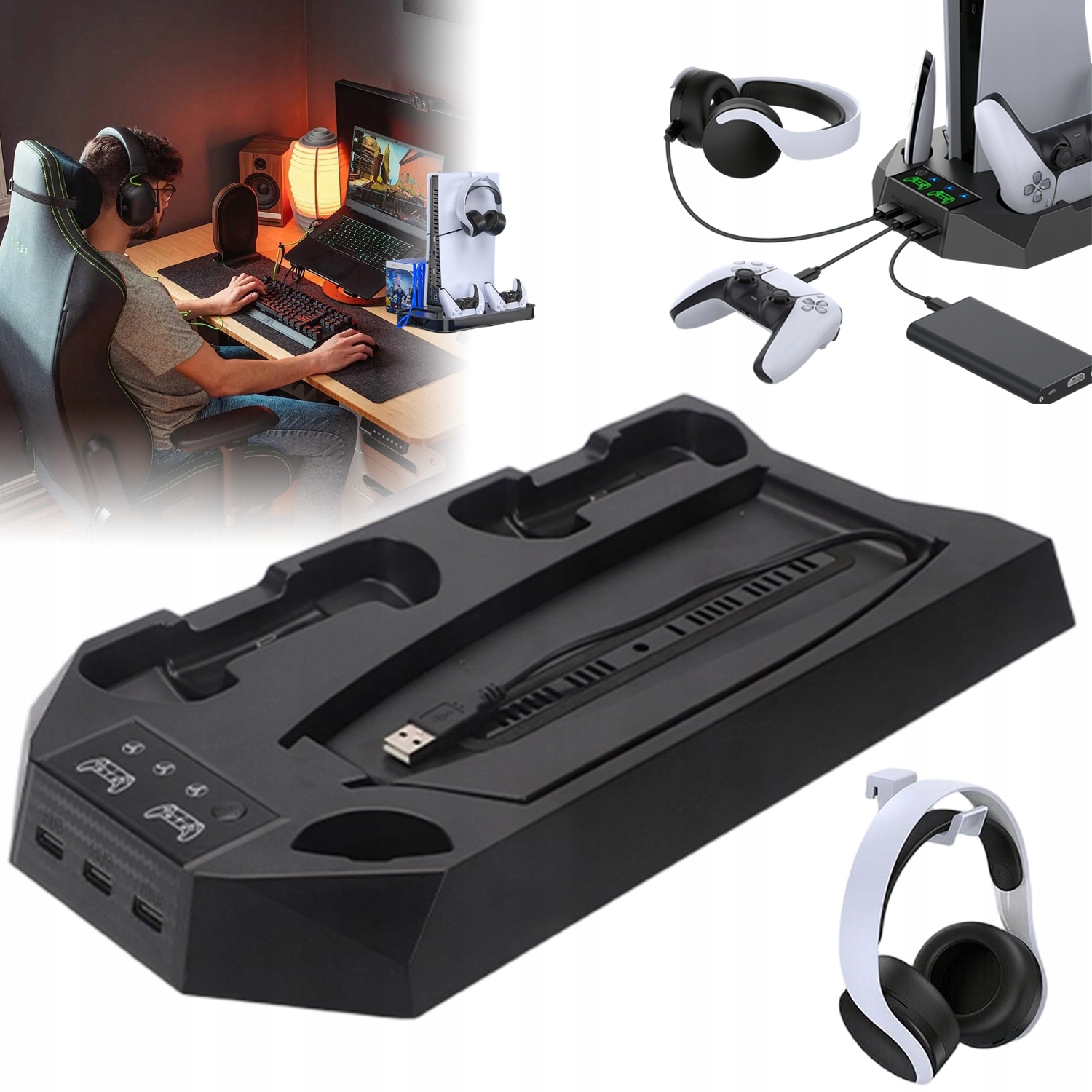 Stacja Wielofunkcyjna Do PS5 Ładowarka Podstawka Chłodząca Ładująca Stojak
