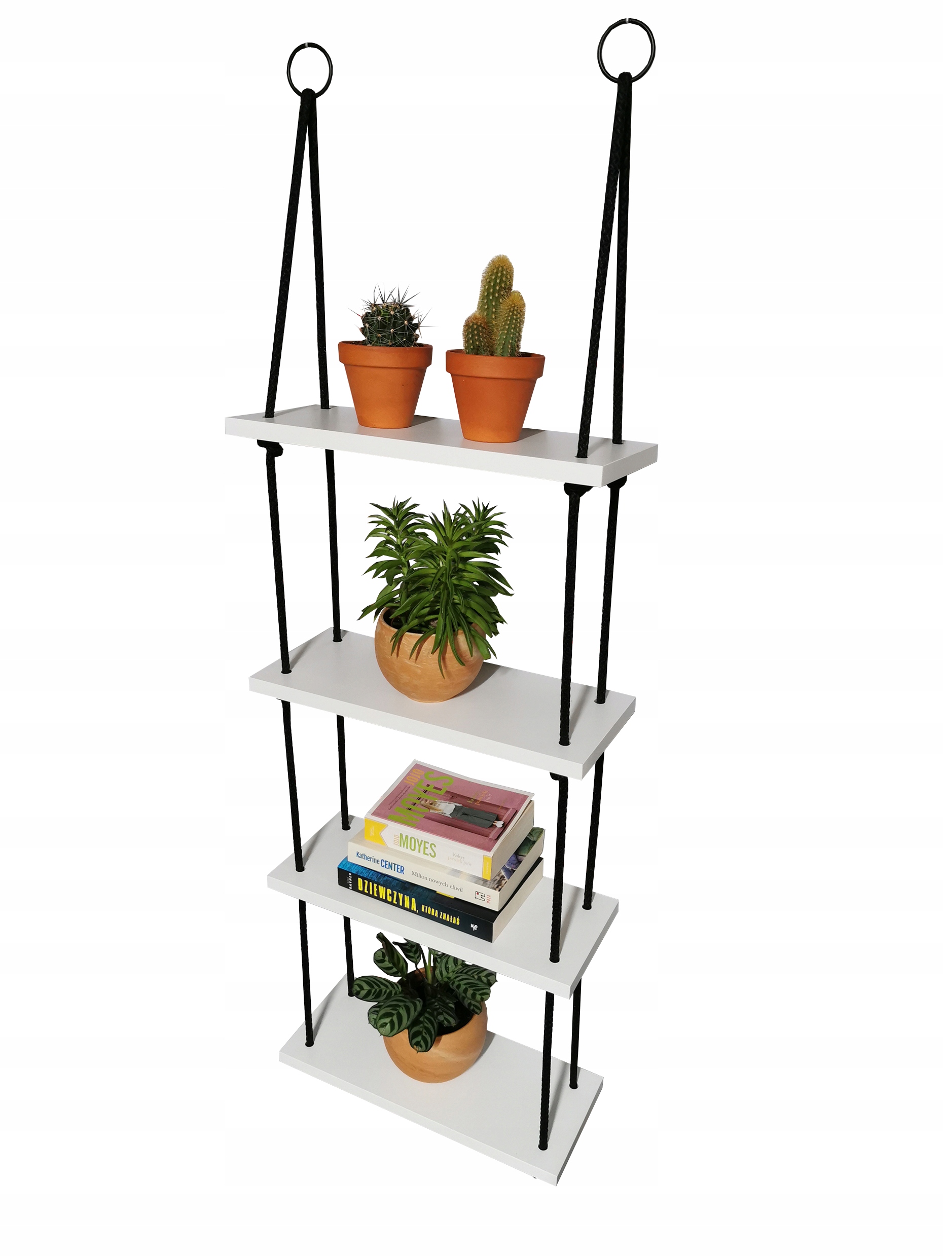 

Wiszące półki na sznurkach, czarne liny,białe 40cm