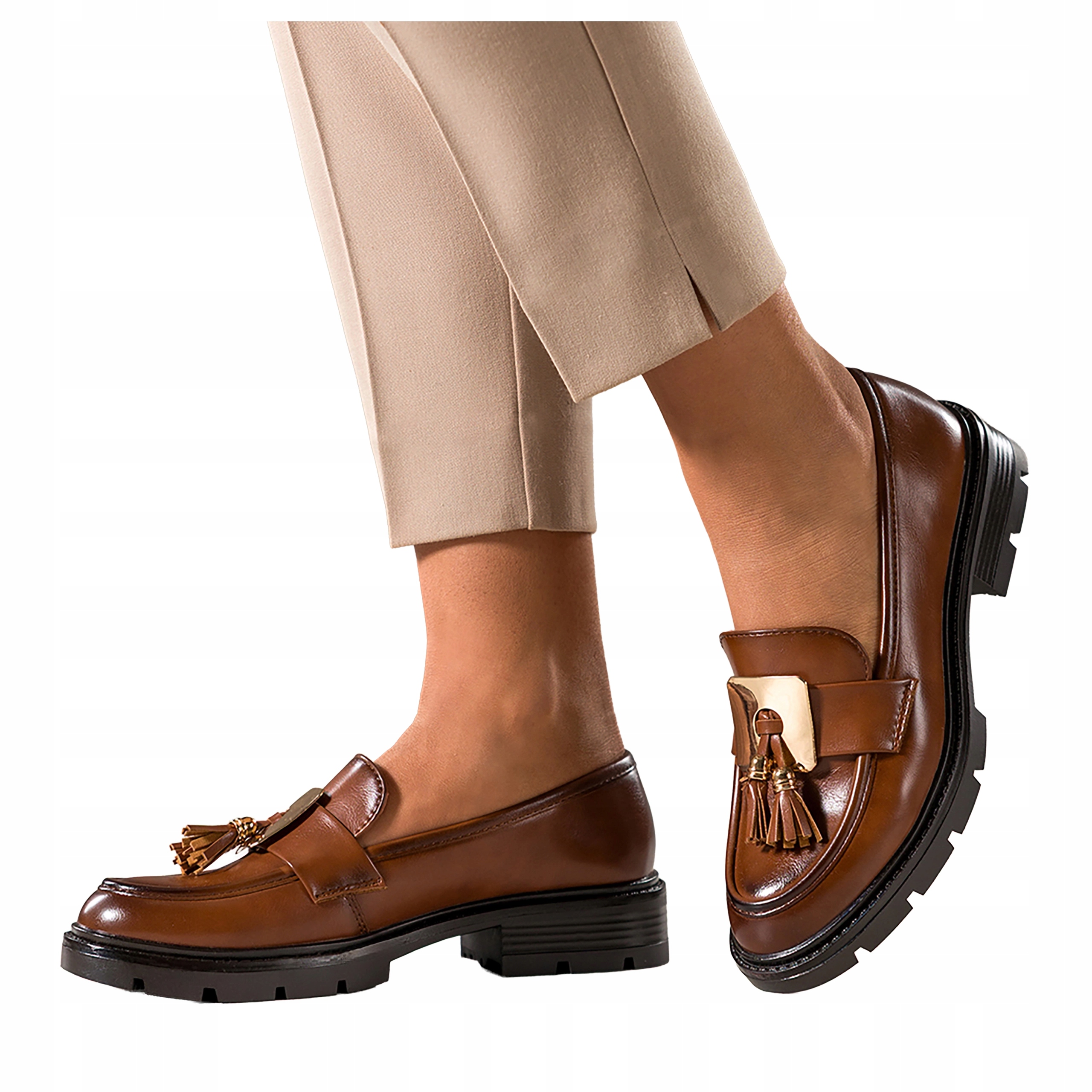 Mokasíny Hnědé Dámské Polobotky se střapci a zlatou ozdobou Pohodlné vel. 36