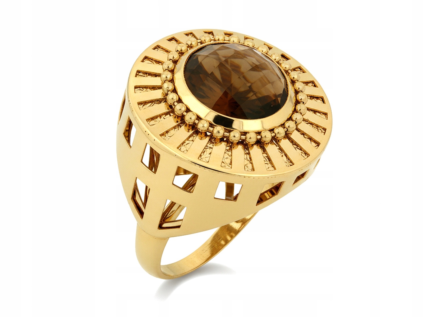 Velký zlatý prstýnek 585 s kulatou hnědou zirkonií r16 s bohatým vzorem 5,58 g