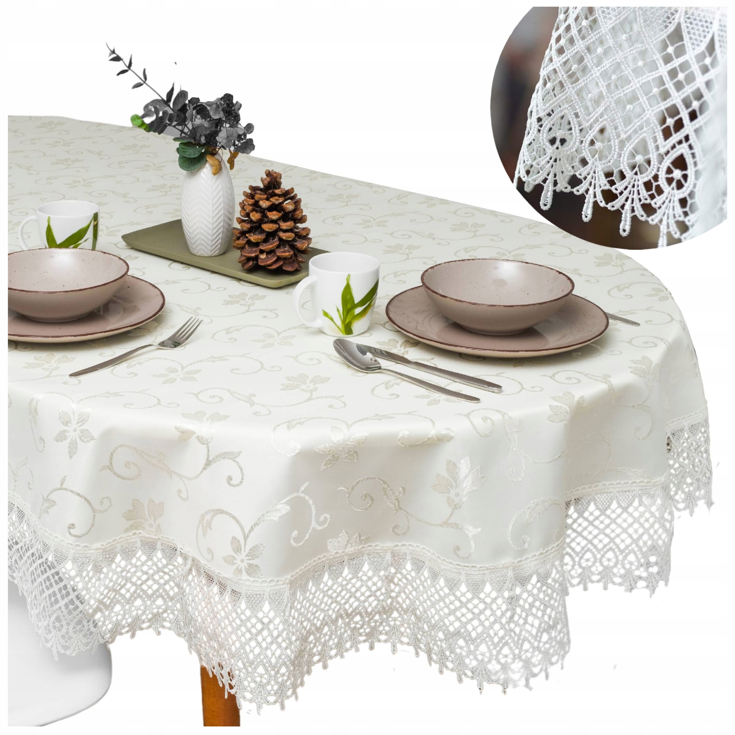 Obrus Owalny na stół ecru kremowy plamoodporny Gipiura koronka 140x200 owal
