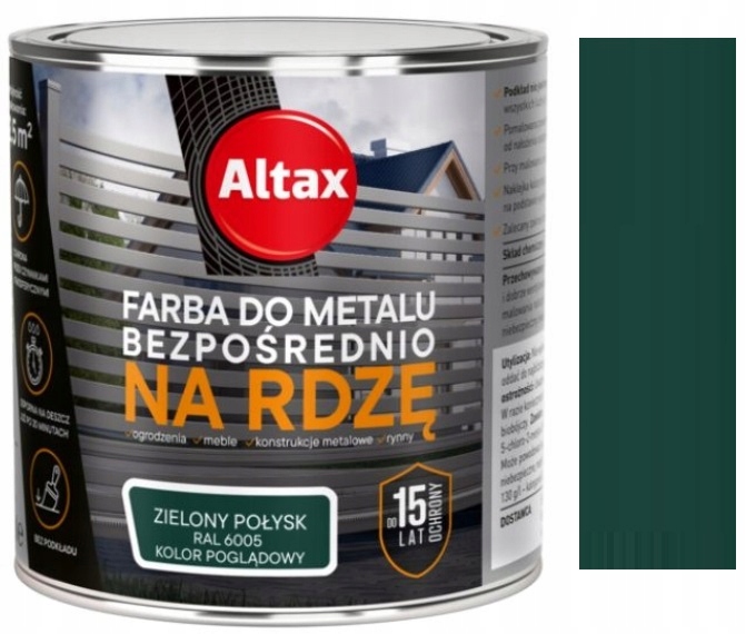 Altax Farba Do Metalu Na Rdzę Ogrodzenia Ral 6005 Zielony Połysk 2.5L