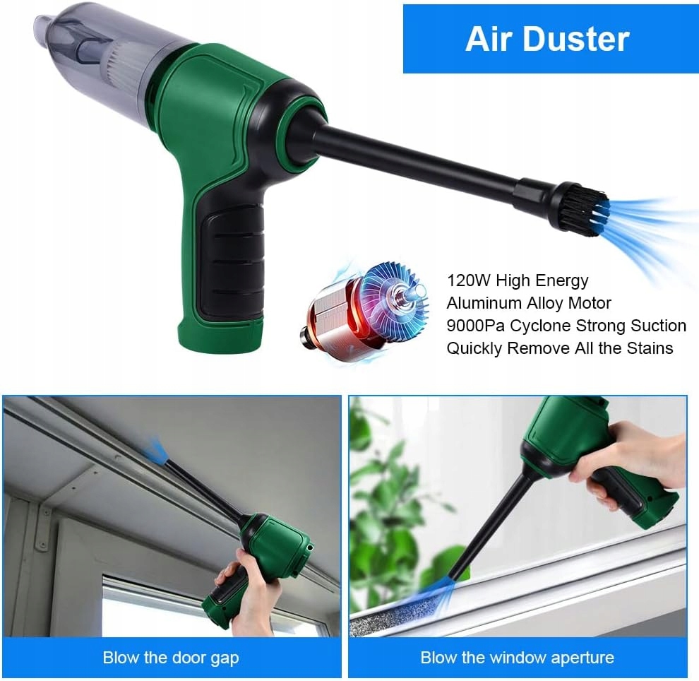 MINI BEZPRZEWODOWY ODKURZACZ RĘCZNY USB 3w1 Do klawiatury Auta Domu Bagażu Kolor dominujący zielony