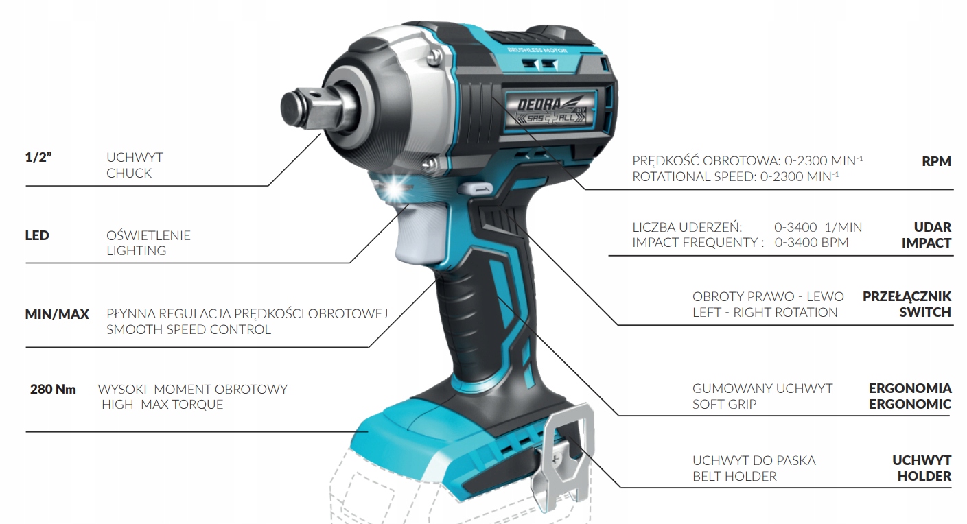Klucz Udarowy 18V Aku 280Nm DEDRA SAS+ DED7146 Maksymalna średnica śrub M14