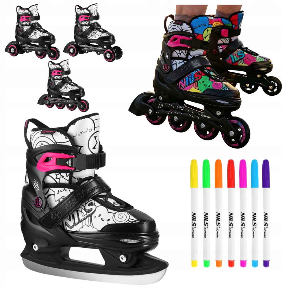 Łyżwy Artystyczne Regulowane 4w1 Z Płozą Hokejową Zestaw 7 Markerów 31-34